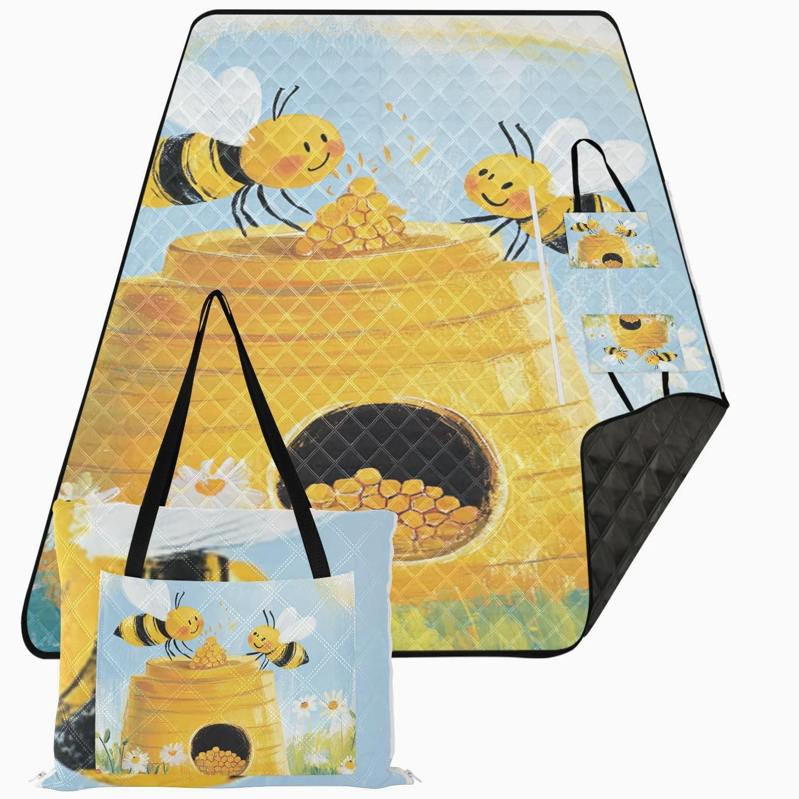 Lake Day Essentials składana przenośna mata do zabawy na zewnątrz 200 x 380 cm na rodzinne artykuły piknikowe, zbierająca pszczoła miód ul
