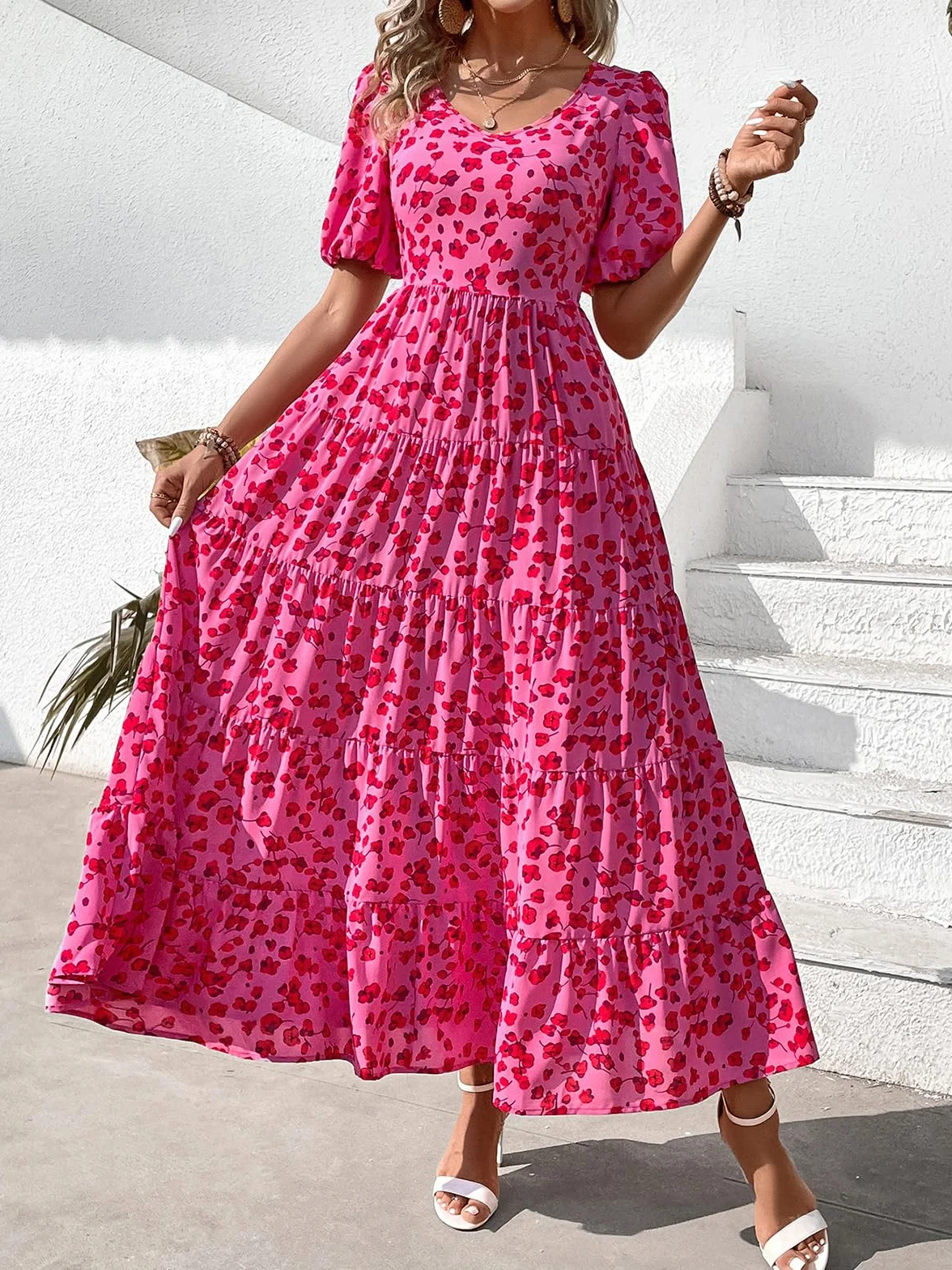PRETTYGARDEN Womens Dresses Summer 2025 Puff Sleeve Plus Size Maxi Dress for Women Beach Vacation Flowy Long Sun Dress (Floral Rose Red,X-Large)