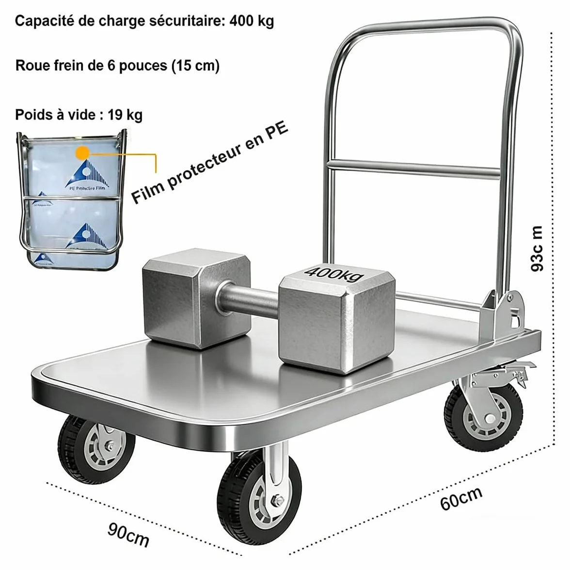 Wózek platformowy do dużych obciążeń, 500 kg, stal nierdzewna, wózek transportowy z kółkami obrotowymi 360° (15 cm), składany wózek ręczny, 90 x 60 cm, idealny do magazynu, warsztatu, gastronomii