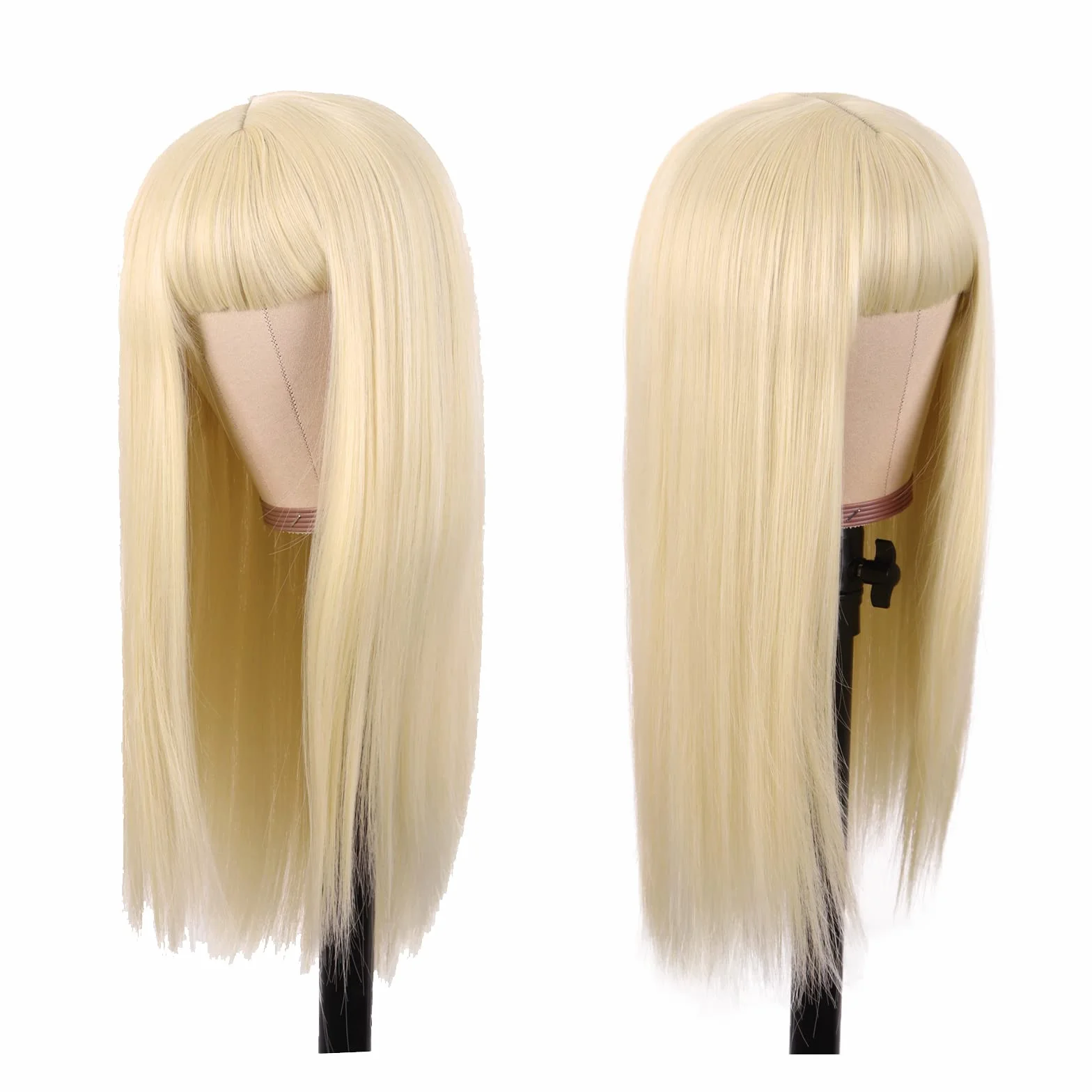 Peruka syntetyczna 56 cm prosta z frędzlami ciepło odporna MapofBeauty mieszany blond