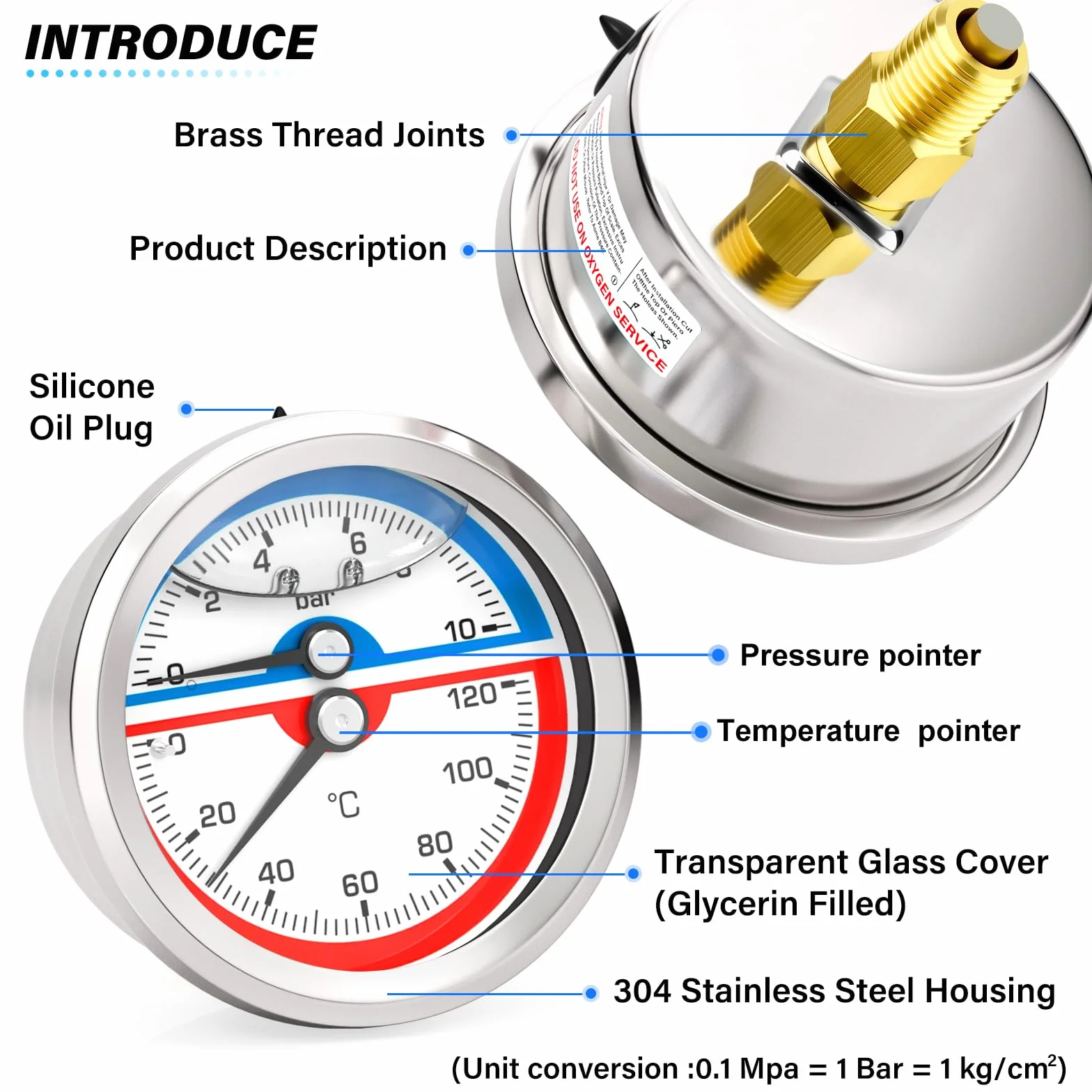 MEANLIN MEASURE 0~10 BAR/150 PSI ciśnieniomierz termiczny ze stali nierdzewnej 0~120℃ 1/4" BSP 2,5" FACE DIAL ciśnieniomierz napełniony płynem, z gniazdem sześciokątnym 1/2" BSP i gniazdem