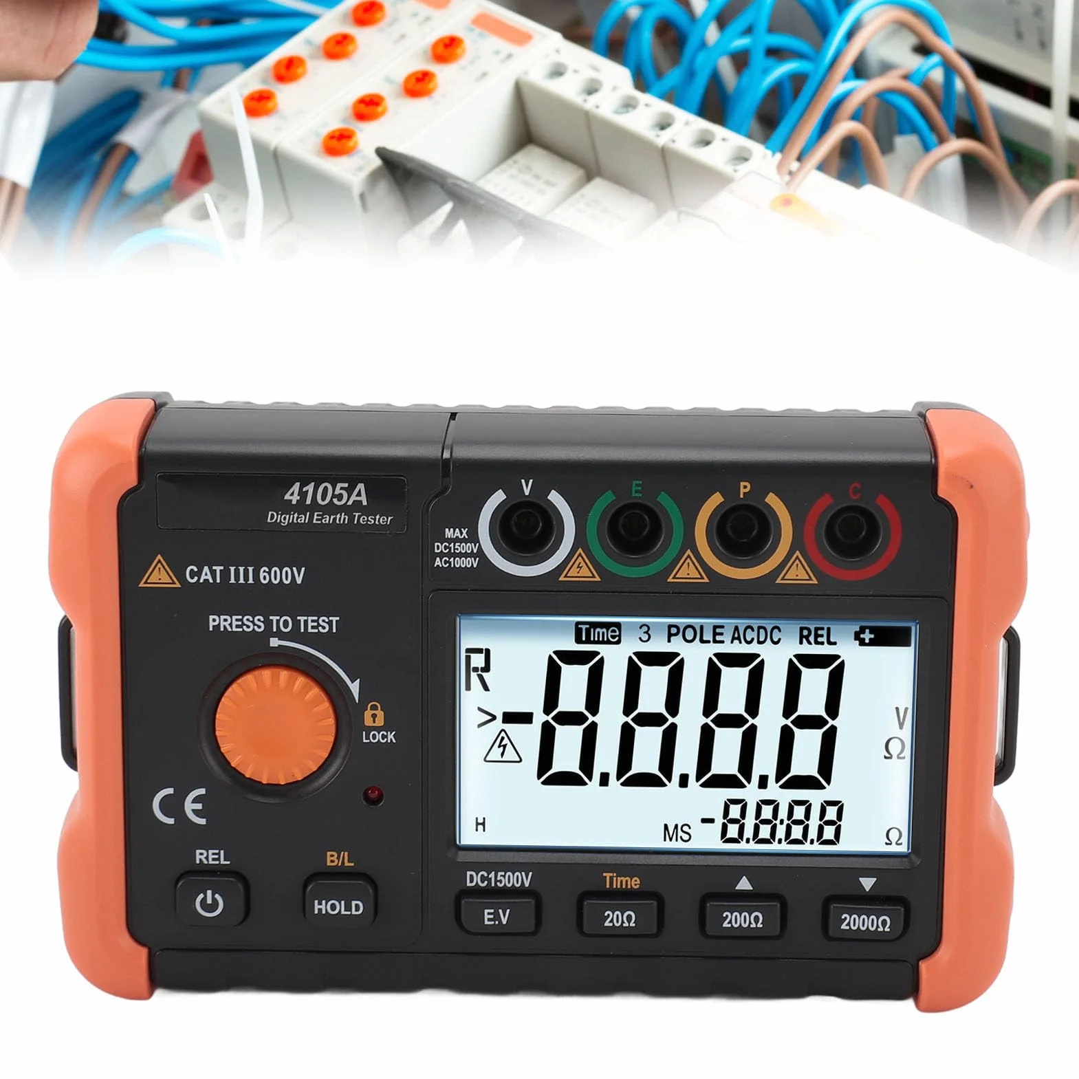 Miernik Rezystancji Uziemienia Wyświetlacz LCD 2000 zliczeń Tester Rezystancji z Pomiarem Napięcia Pasek na szyję 5 Kabli Testowych Przenośny 0, 1 Ω do 1999 Ω 0 V do 1000 V