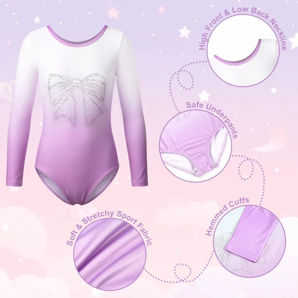 Aolso Body gimnastyczne dla dzieci, strój do tańca dla dziewczynek, składający się z trzech części, body z długim rękawem, szortów i opaski na głowę, z gradientowym kolorem, od 5 do 10 lat