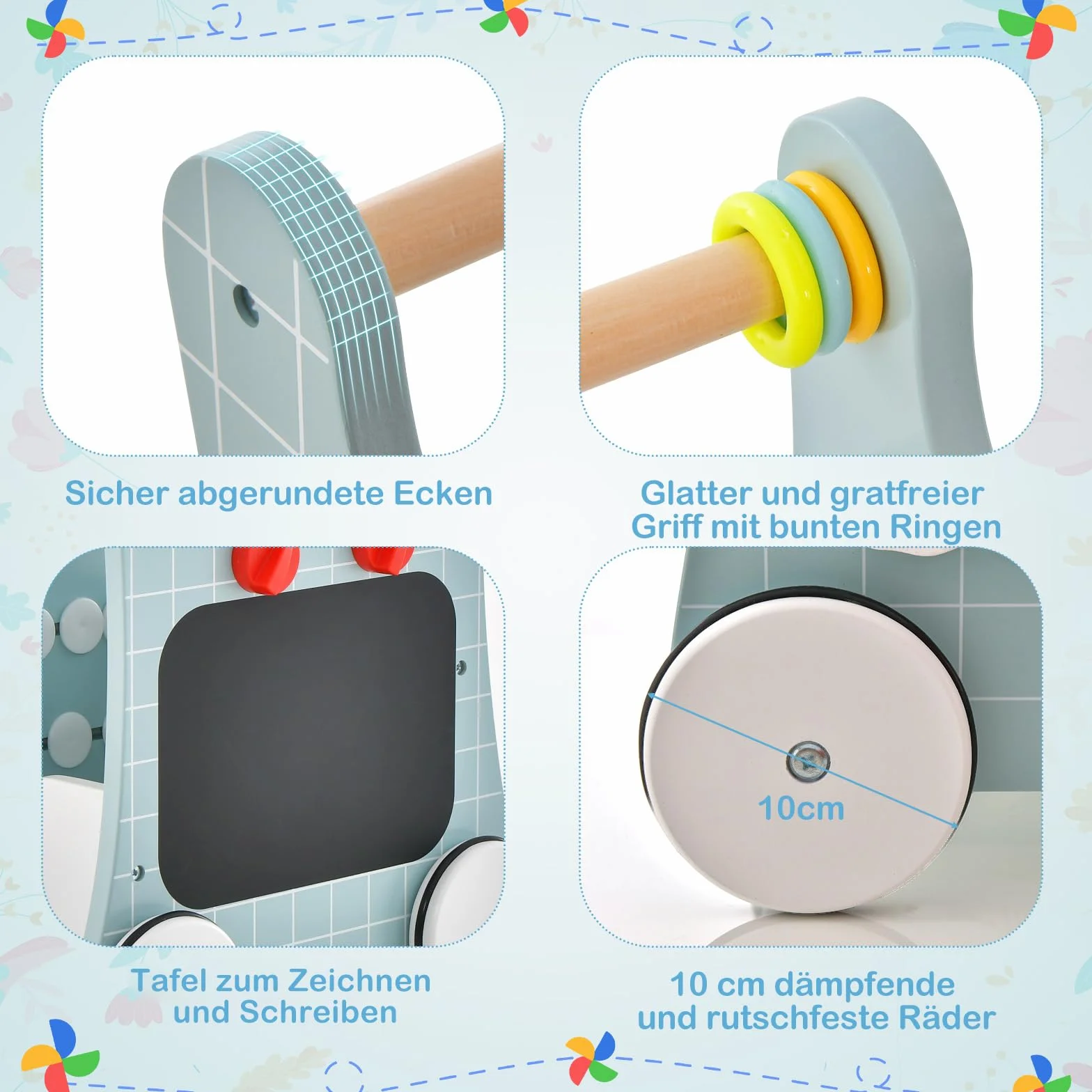 COSTWAY Drewniany wózek do nauki chodzenia 6 w 1, pomoc w nauce chodzenia z kuchnią do zabawy, zegarem do nauki, dopasowaniem kształtu i ruchomym suwakiem, kuchnia dziecięca Baby Walker z kółkami, dla