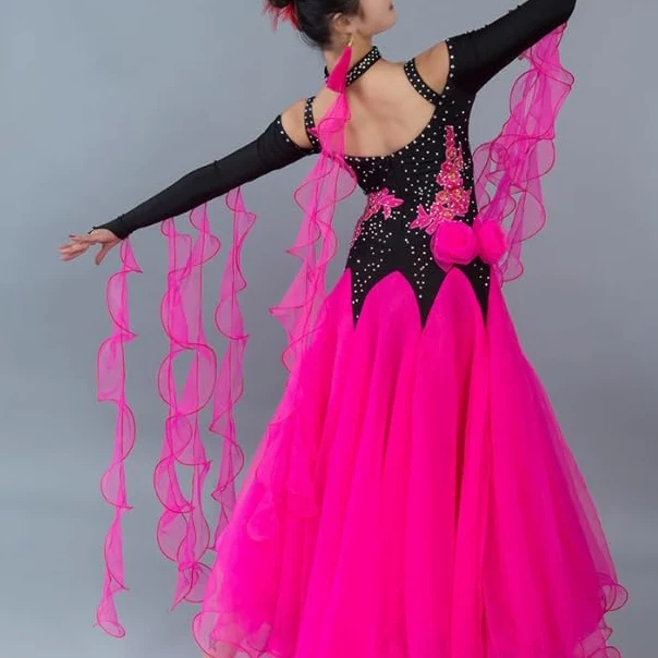 Damskie sukienki do tańca towarzyskiego z odkrytymi plecami Strój do tańca salsy Sukienka do tańca walca zdobiona cyrkoniami Strój do tańca flamenco z efektowną