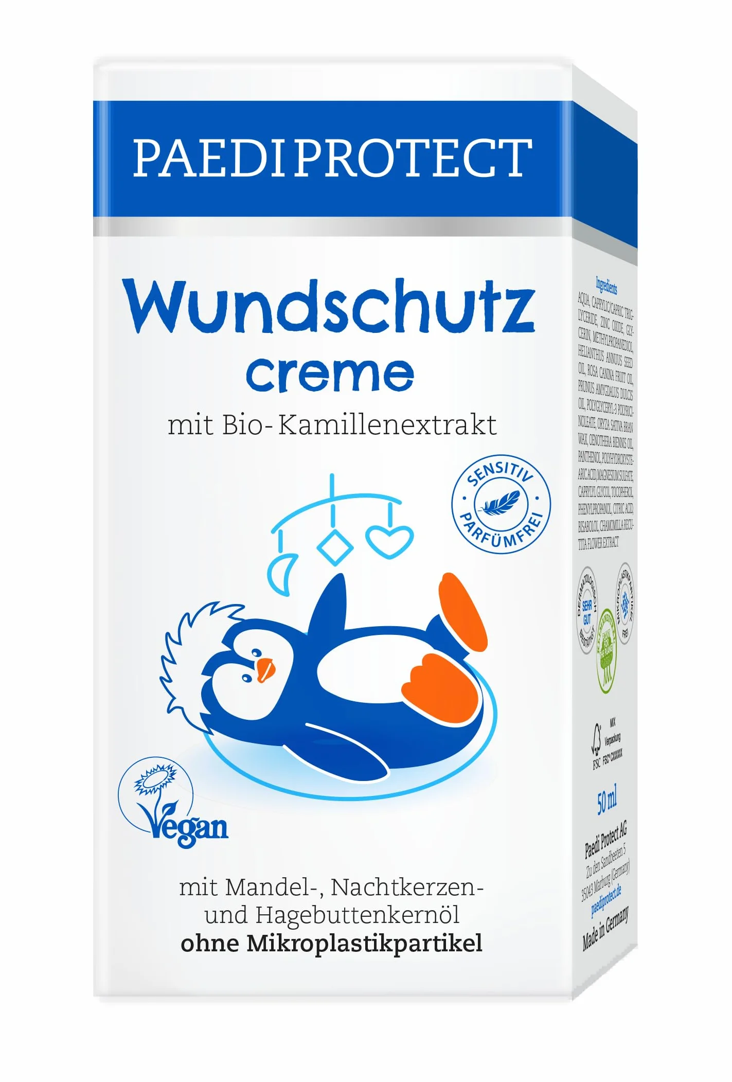 PAEDIPROTECT Krem do ochrony ran, dla niemowląt, 50 ml, maść na ranę bez perfum i silikonów, wegański krem dla niemowląt, ochrona wrażliwej skóry dziecka w obszarze pieluch, bio-rumianek maść lecznicza pomaga w zaczerwienieniu