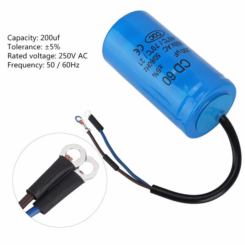 CD60 200uF Uruchom kondensator z przewodem 250VAC 50/60Hz do sprężarki powietrza silnika