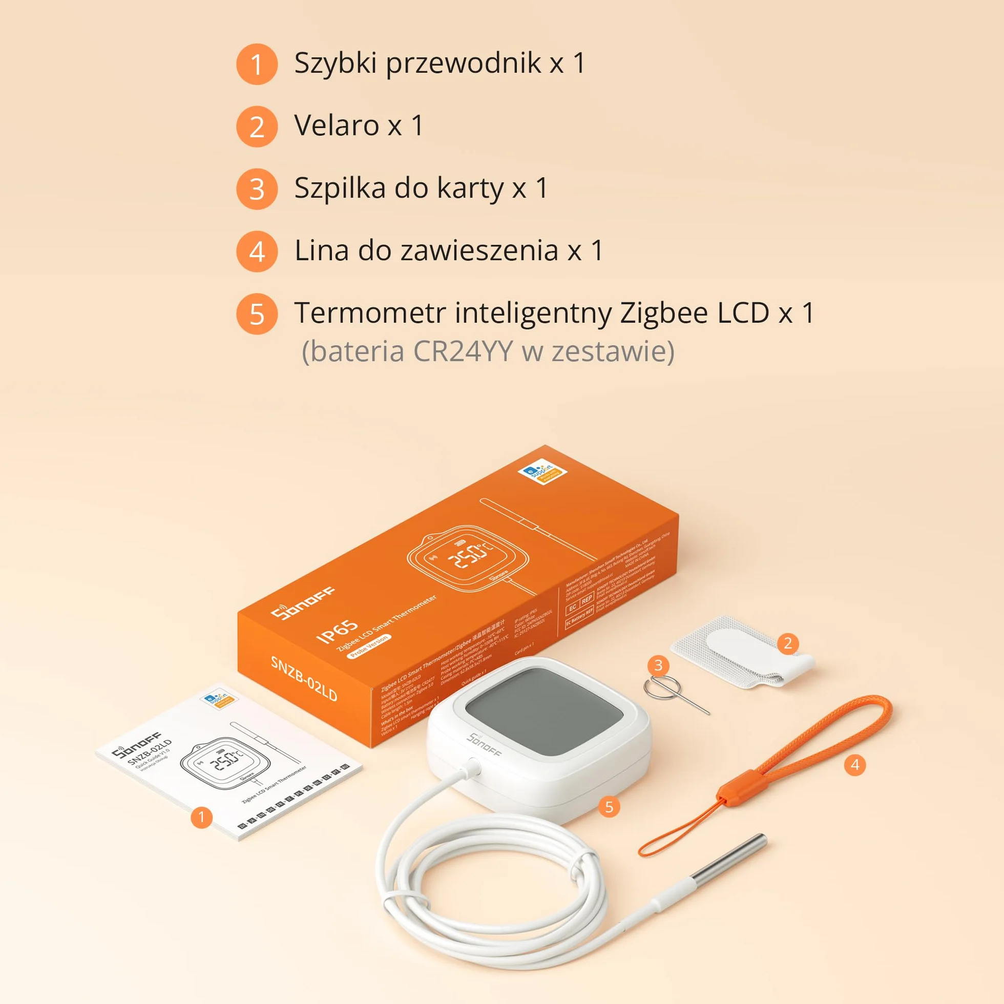 SONOFF SNZB - 02LD Czujnik Temp. Zigbee, Sonda Nierdzewna 1,5m, LCD, -40~115°C, Monitor. APP, Mocowanie Magn, Współpracuje z Hubem