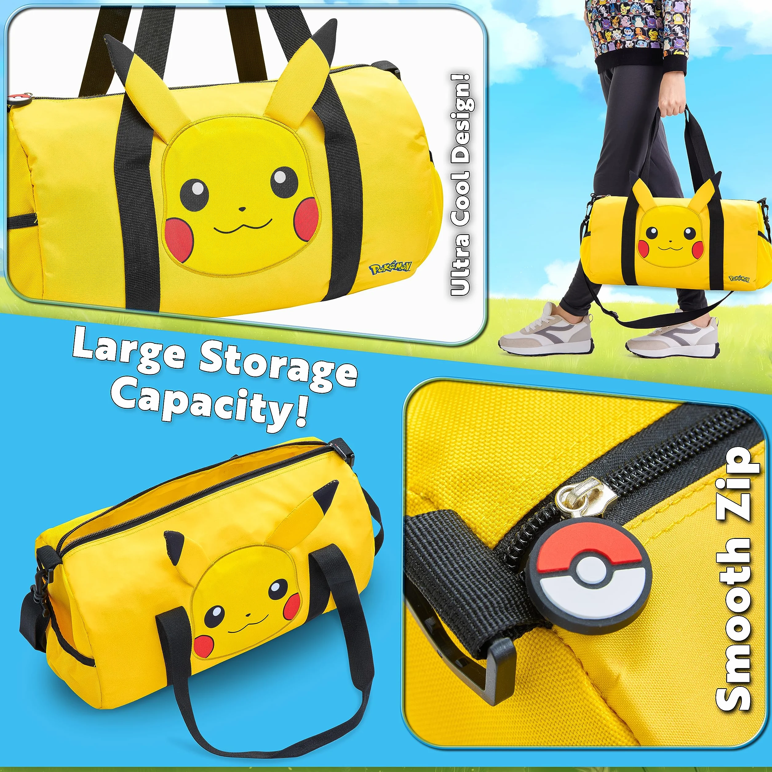 Pokémon Torba Podróżna dla Dzieci - Gimnastyczna, Przez Noc, Sportowa, Pikachu Football Kit Holdall - Prezenty dla Chłopców, Jeden Rozmiar, Żółte Uszy 3D