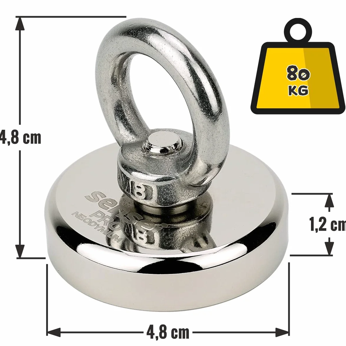 Magnes SENSEI 80 kg, Magnes Neodymowy N52 z Uchwytem Górnym, Ø4,8 x H1,2 cm, Bardzo Silny Magnes Neodymowy do Domu, Warsztatu, Połowów w Wodzie