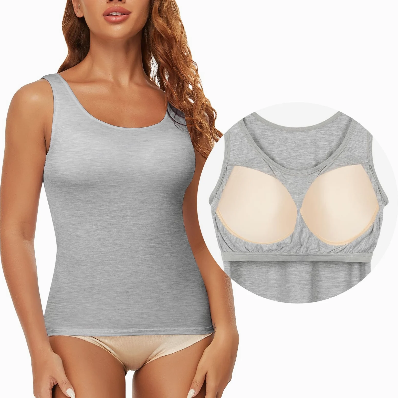 SLIMBELLE Damski biustonosz podkoszulek Basic Tank Tops ze zintegrowanym biustonoszem, szerokie ramiączka, bezszwowa podeszwa, bez fiszbin, wyściełana koszula, okrągły dekolt, koszula z braletką