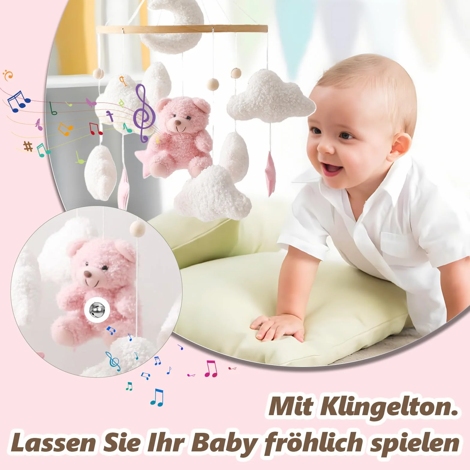 Herfair Mobile Baby Dzwonek do łóżeczka dziecięcego z pluszowym misiem, drewniany, do zawieszenia na łóżeczko dziecięce, różowy