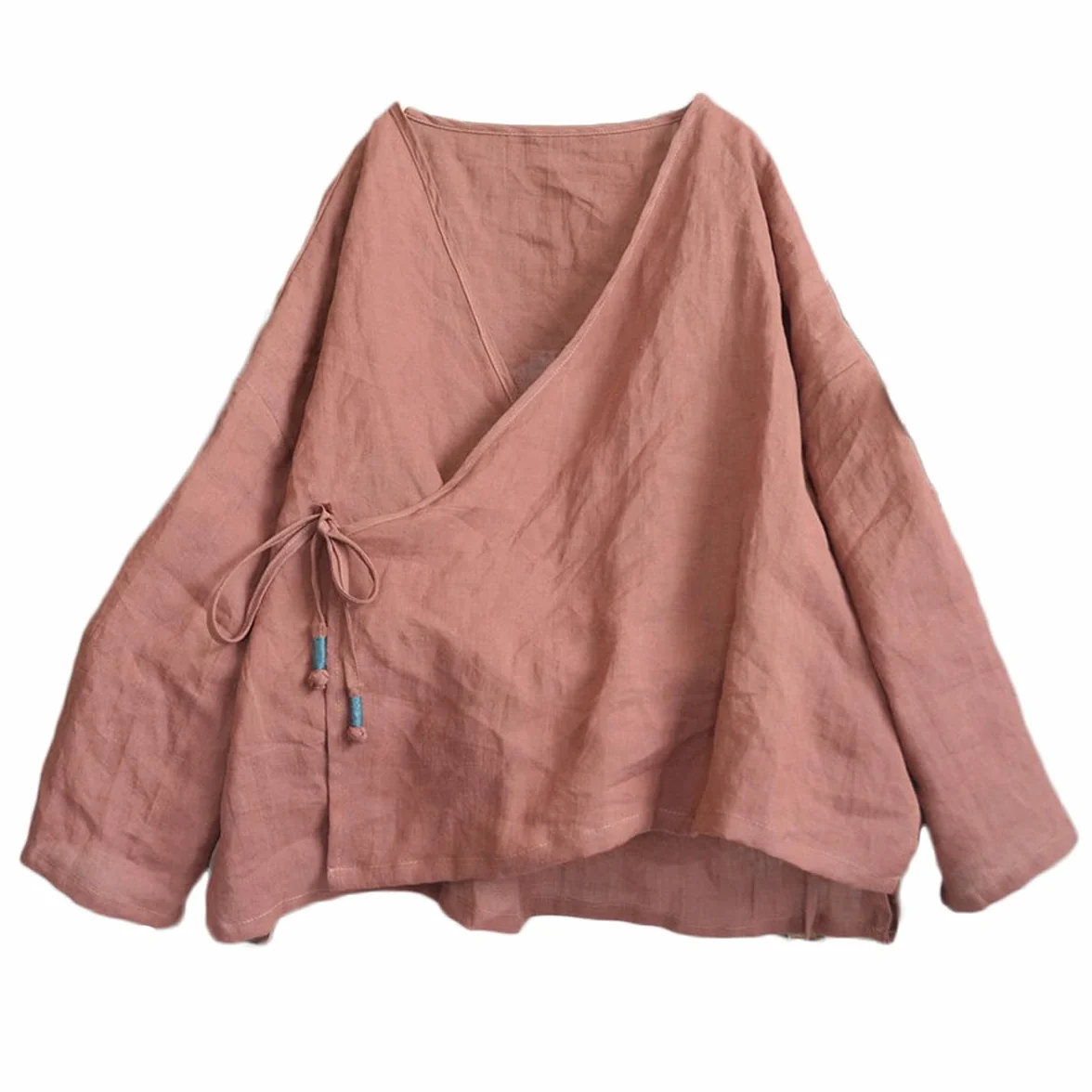 NFYM Damski kardigan kimono Hanten z długim rękawem owijany przód bawełna len retro hanfu kostium nieregularny koszula topy