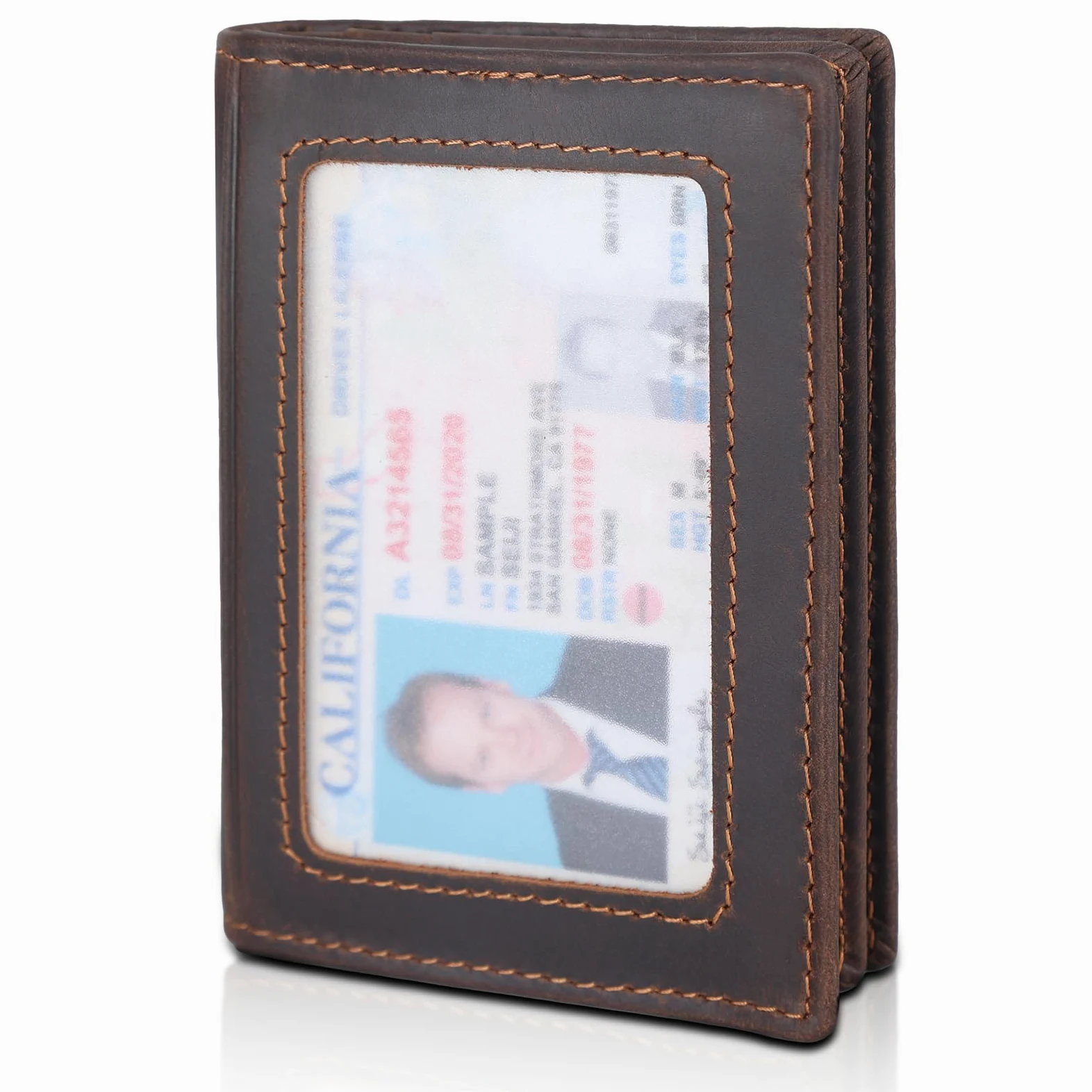 Przednia kieszeń blokująca RFID, wąski, skórzany, składany portfel, etui na karty kredytowe, okienko na dowód osobisty