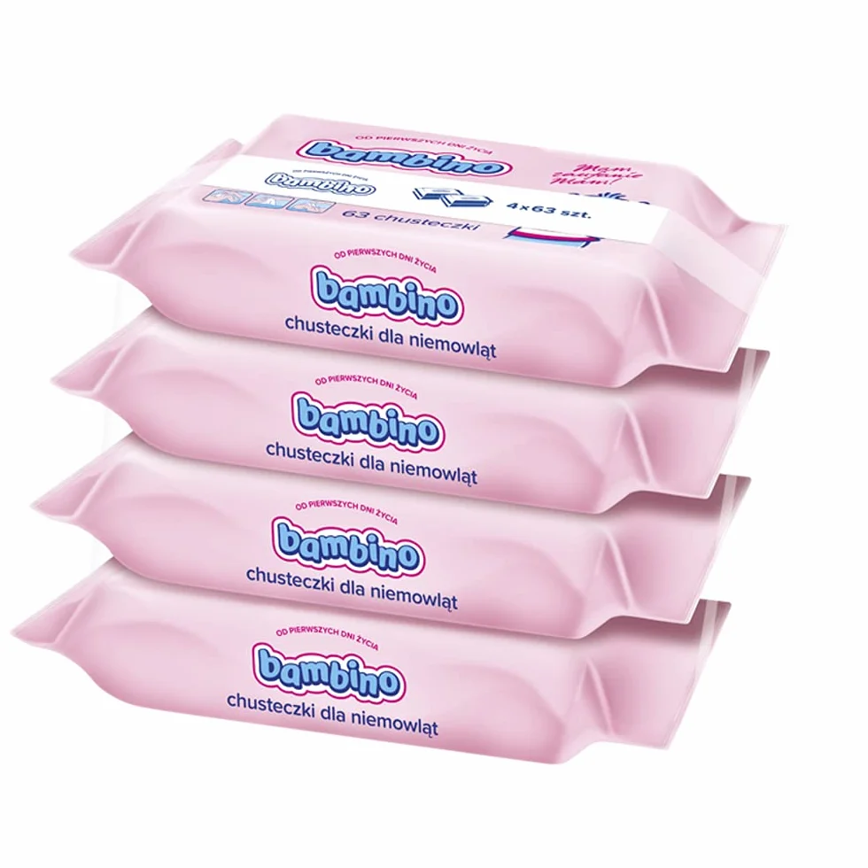 Bambino 5900017060101 Chusteczki Nawilżane dla Niemowląt, Różowy, 4 x 63 Sztuki