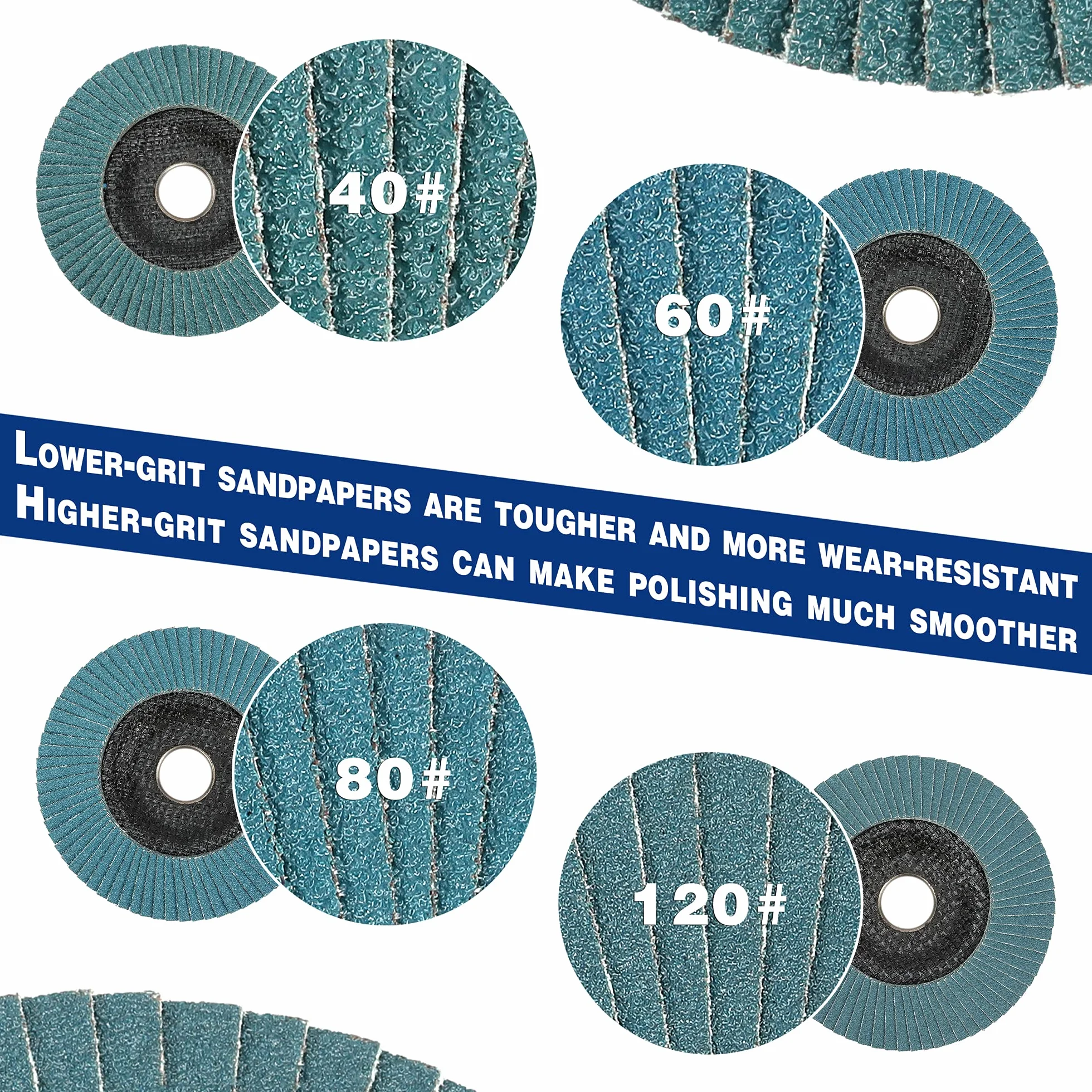 WORKPRO Profesjonalne tarcze wachlarzowe, 10 sztuk, Ø 125 mm x 22,2 mm, ziarnistość 40/60/80/120, niebieskie standardowe talerze szlifierskie do stali nierdzewnej