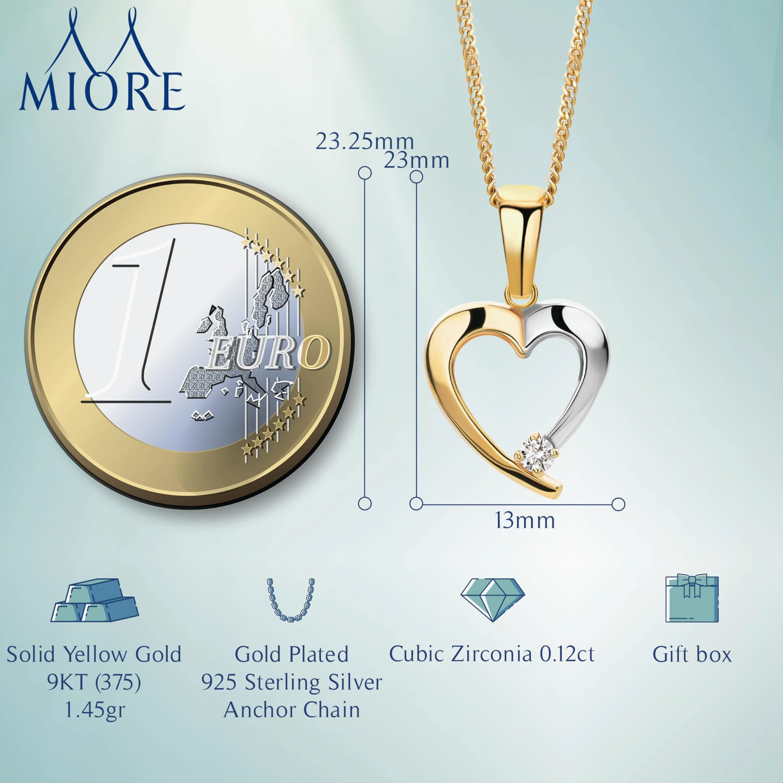 MIORE Biżuteria, wisiorek w kształcie serca z 9-karatowego dwukolorowego żółtego złota / białego złota (375) – złoty łańcuszek / ze srebrnym łańcuszkiem, złota biżuteria damska