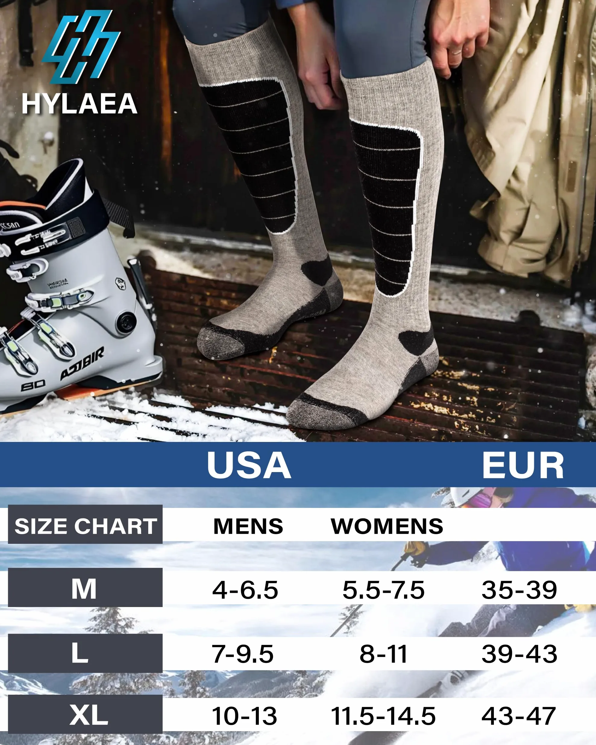 Hylaea Skarpety narciarskie z wełny merynosów, skarpety na zimną pogodę do snowboardu, śniegu, zimy, termiczne, ciepłe skarpety do kolan, polowanie