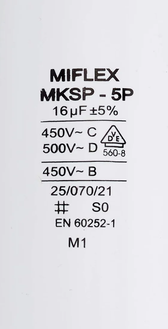 Miflex 312491Kondensator silnika kondensatora rozruchowego 16μF 450V 40x78mm linia; 16uF, szary