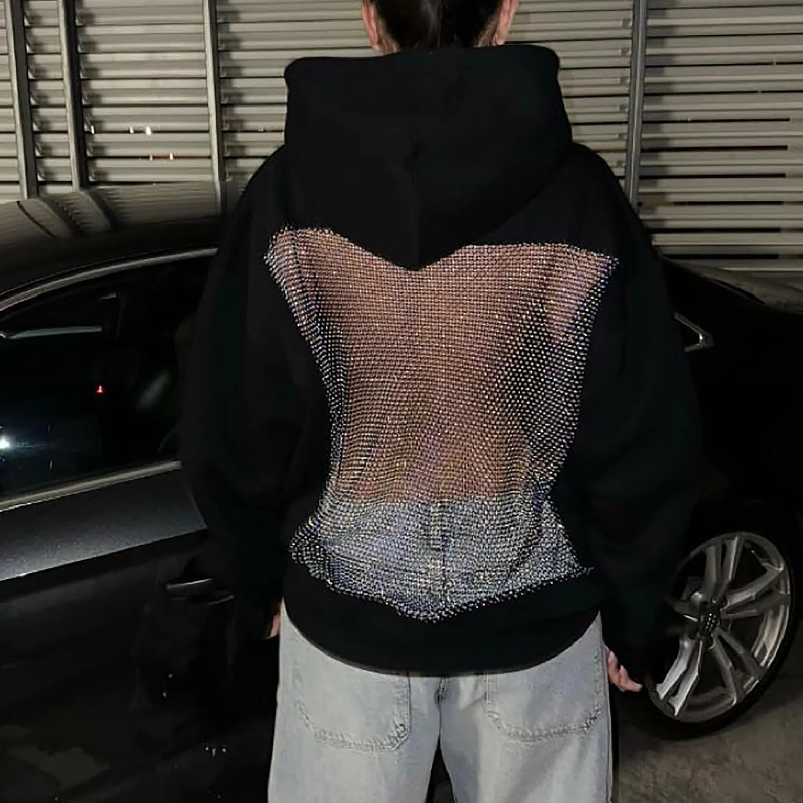 Damskie bluzy z kapturem z siatki na plecach, moda na co dzień przezroczysta bluza z długim rękawem opaska na głowę kieszeń brokatowe bluzki z siateczki damskie ponadwymiarowe przytulne pulower na