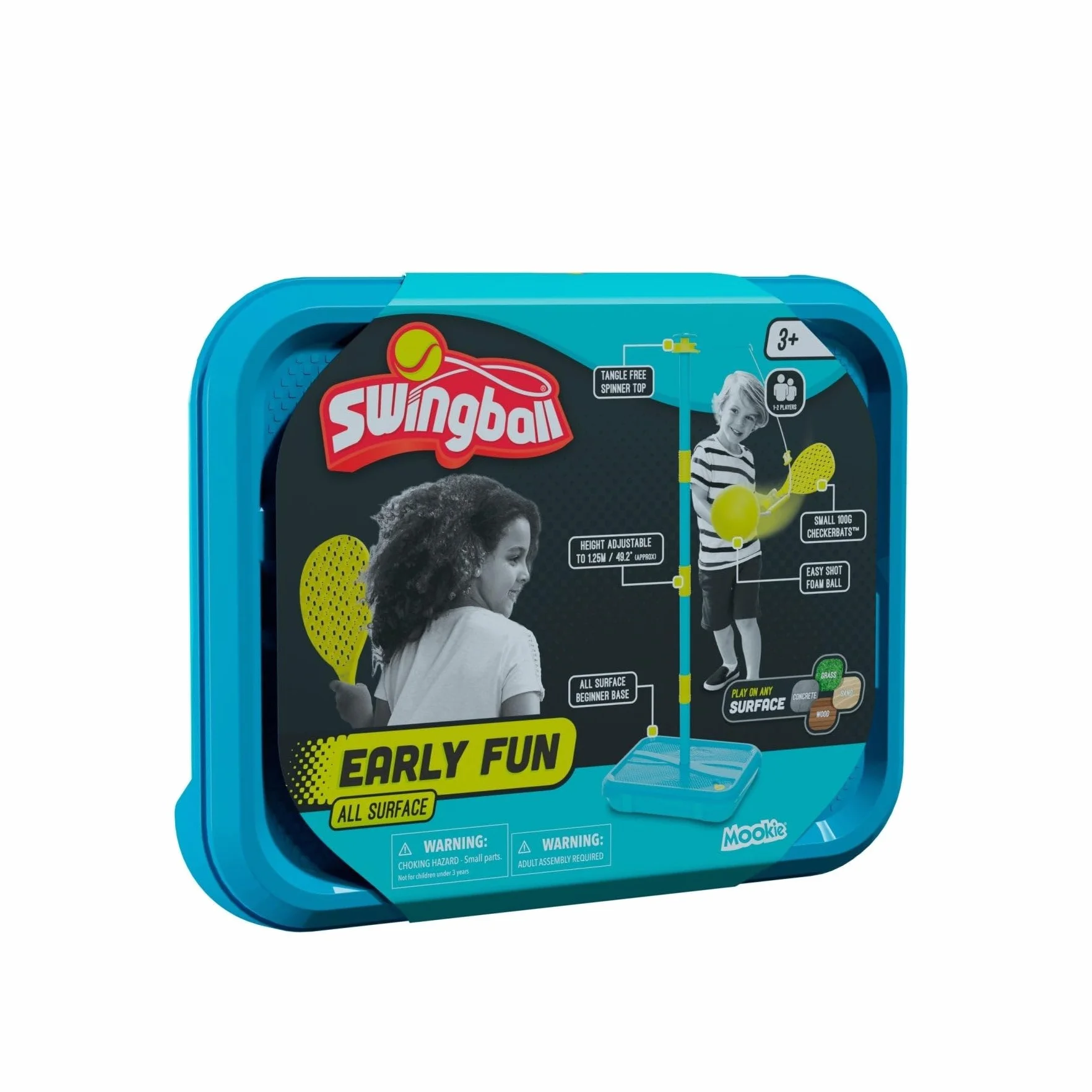 Early Fun All Surface Junior Swingball Set, dla dzieci w wieku 3+, wprowadzenie do Swingball, piankowej piłki i małych nietoperzy, nieplączący się górny spinner, podstawa na całej powierzchni,