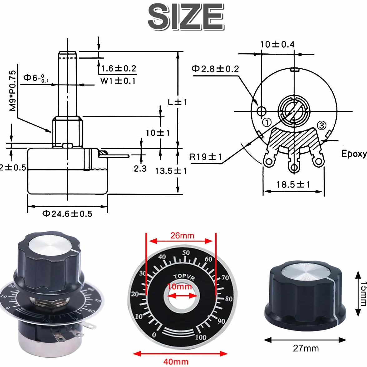 RV24YN20S B103 10K Single Rotary Film Potencjometr Obrotowy - 2-pak z pokrętłem pokrętła, dokładny pomiar, do regulacji prędkości falownika