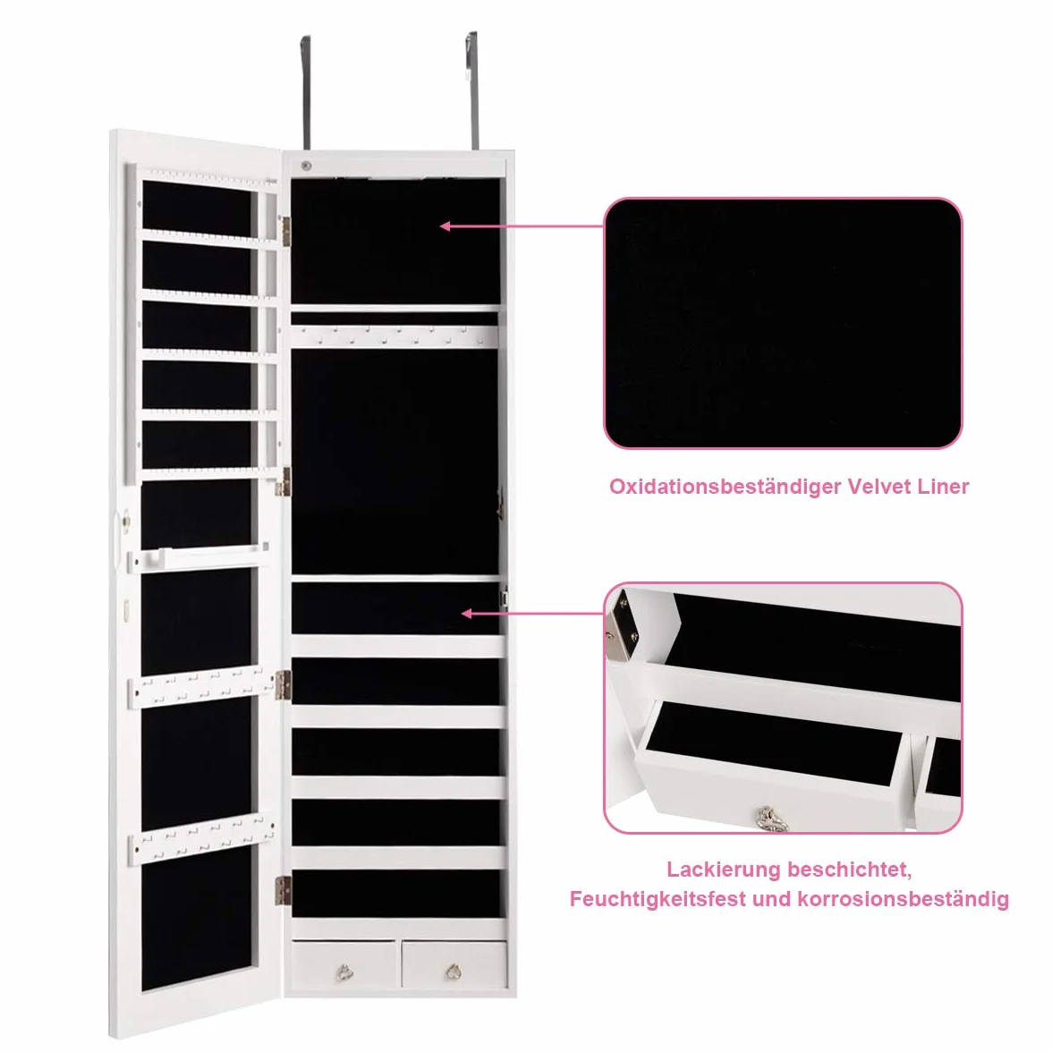COSTWAY Szafka na biżuterię z oświetleniem LED, lustro, zamykana na klucz, 120 cm, biała