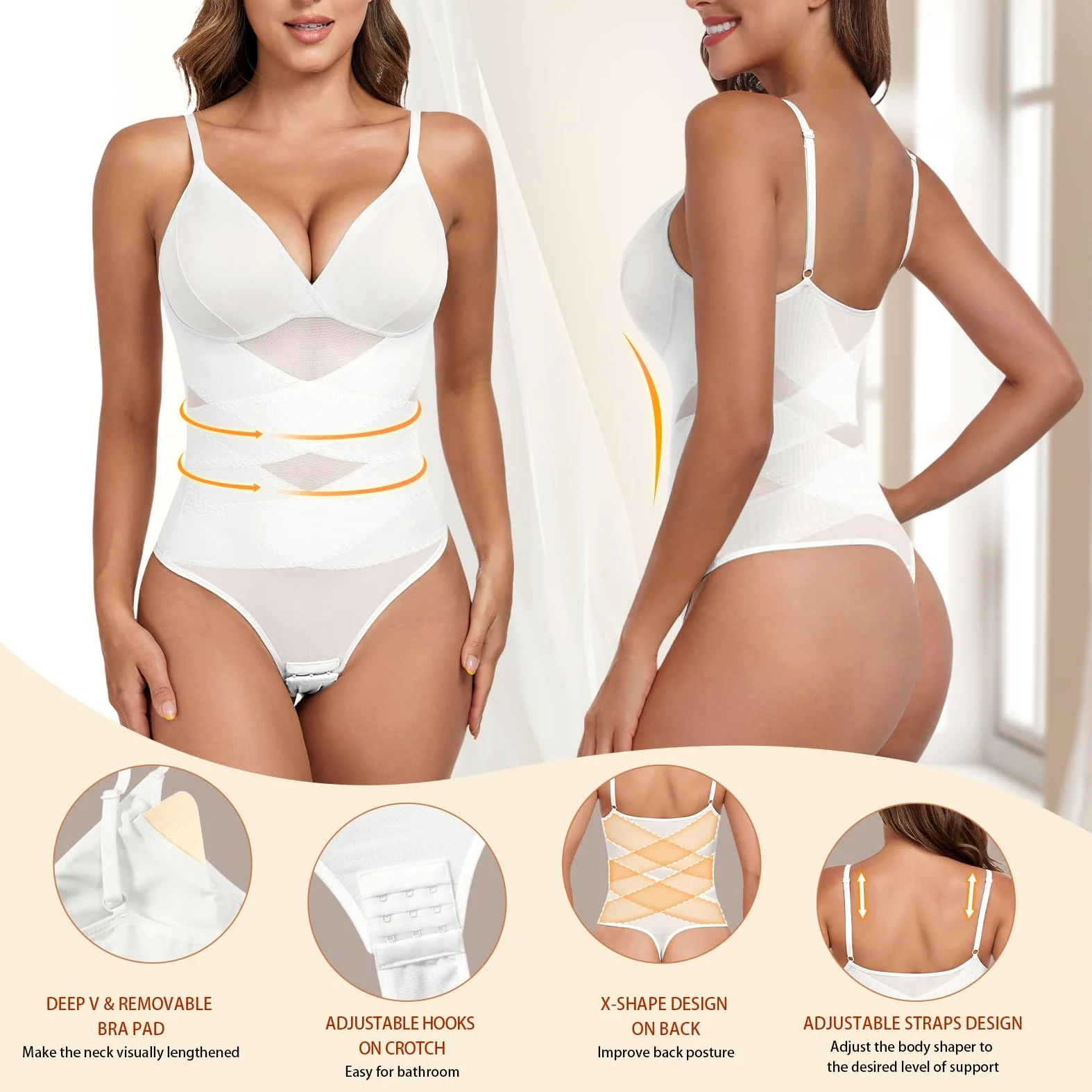 Tuopuda Body modelujące damskie stringi modelujące body body body bielizna modelująca bielizna wyszczuplająca brzuch płaski wyszczuplający kształt z biustonoszem regulowany pasek na ramię siatka Fajas