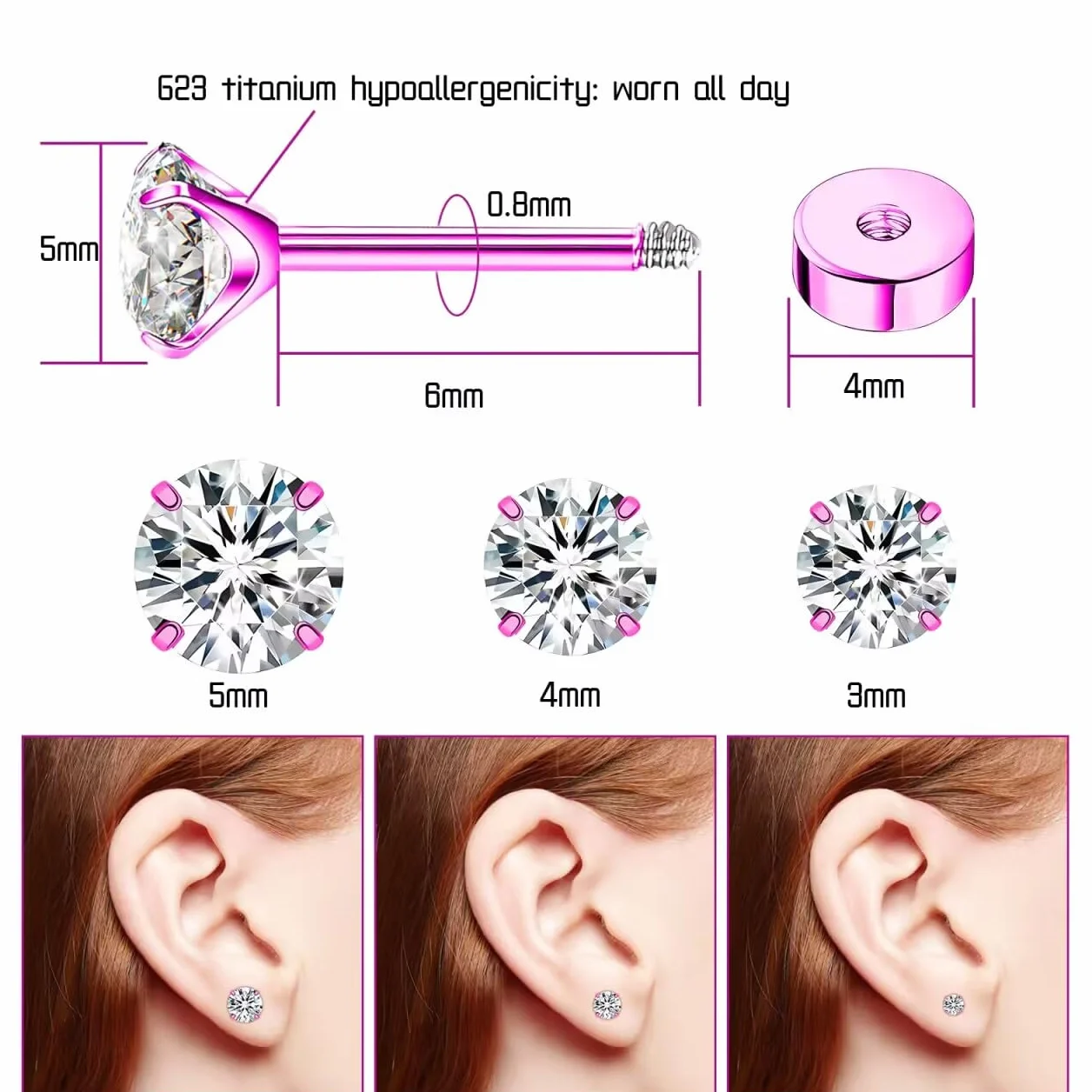 Artskin Tytanowe kolczyki z cyrkoniami sztyfty hipoalergiczne płaskie zestaw do chrząstki 3-5 mm
