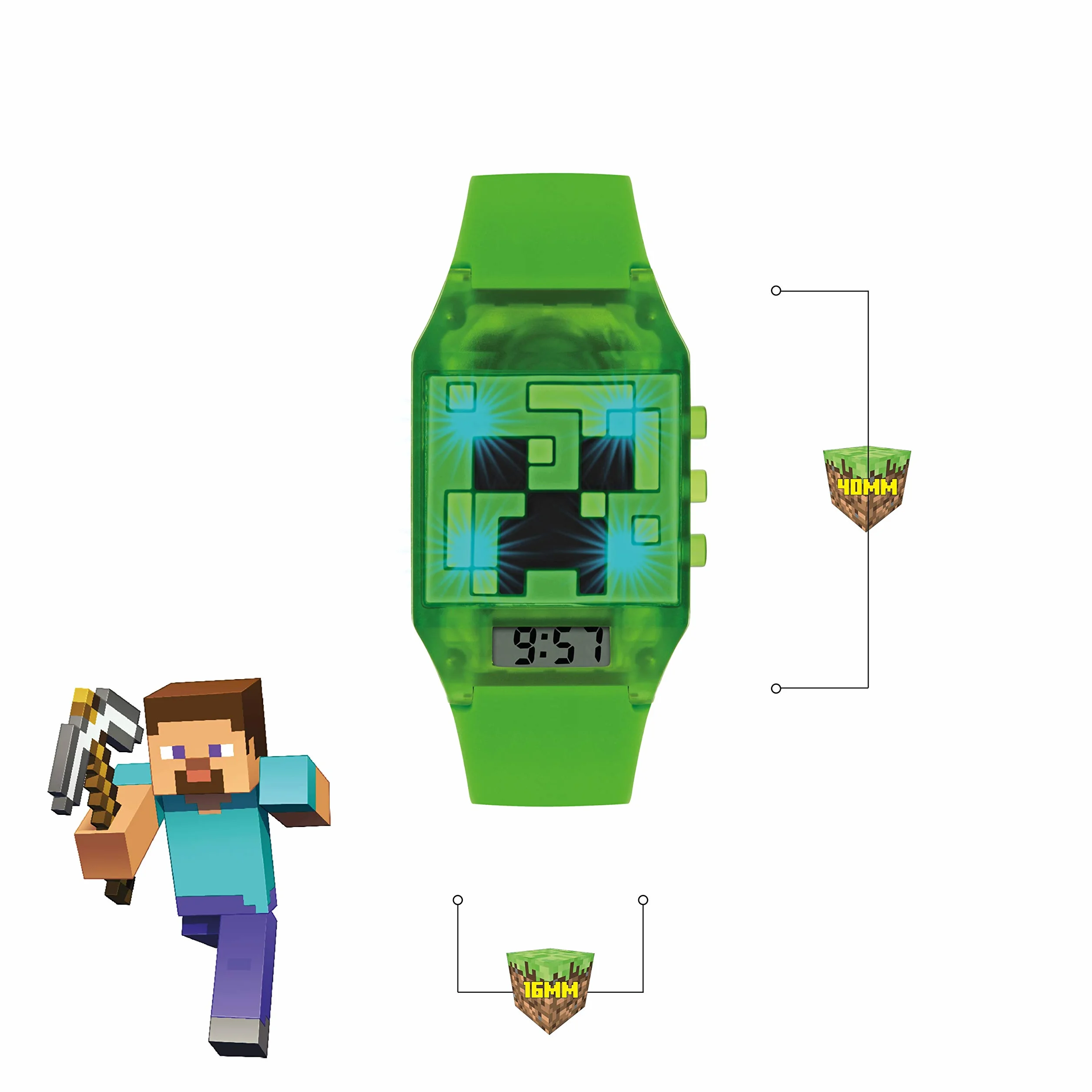 Minecraft Unisex Dziecięcy cyfrowy analogowy zegarek kwarcowy z gumowym paskiem MIN4014, ZIELONY, pasek