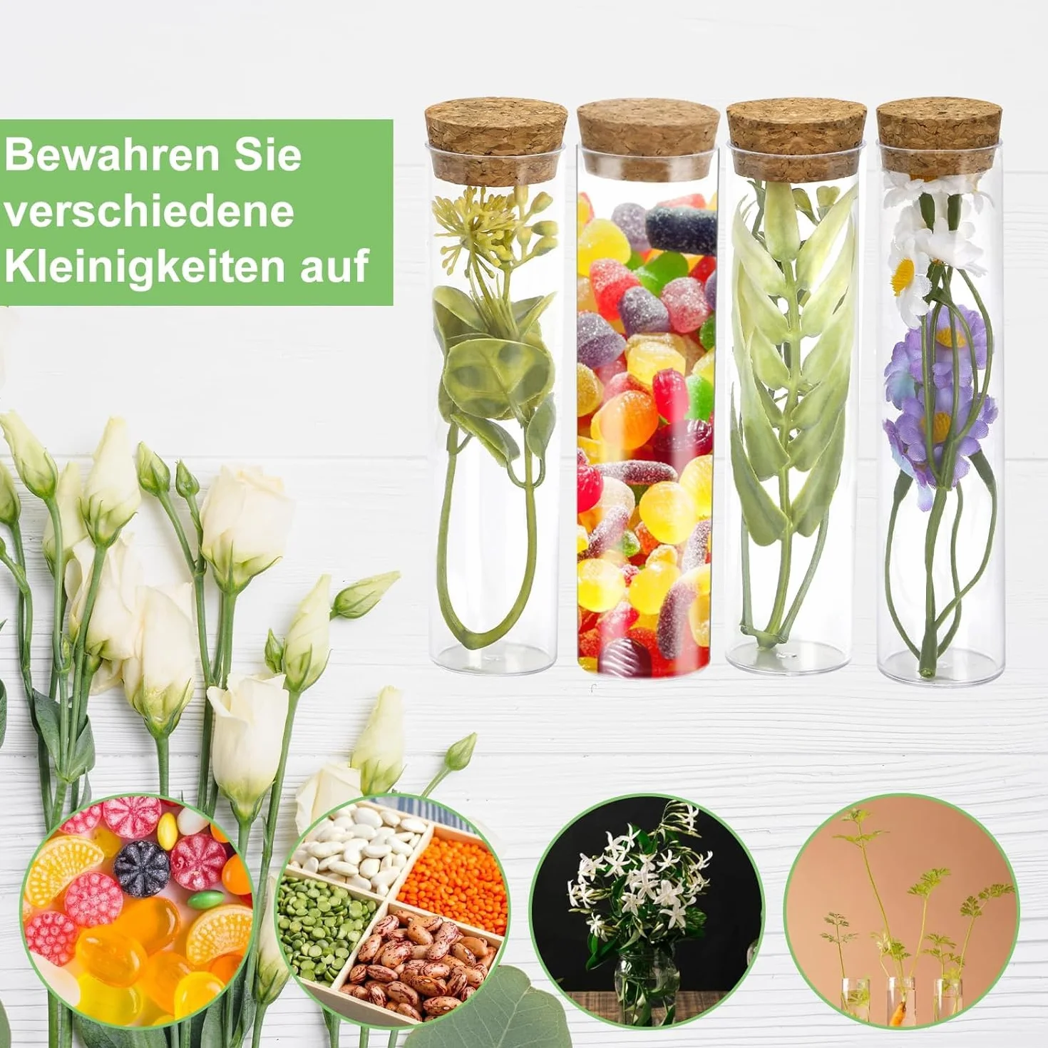 Probówki z płaskim dnem, 12 sztuk, probówki, tworzywo sztuczne, wazon na kwiaty, wesele, kościół, do domu, artykuły florystyczne, 32 x 120 mm