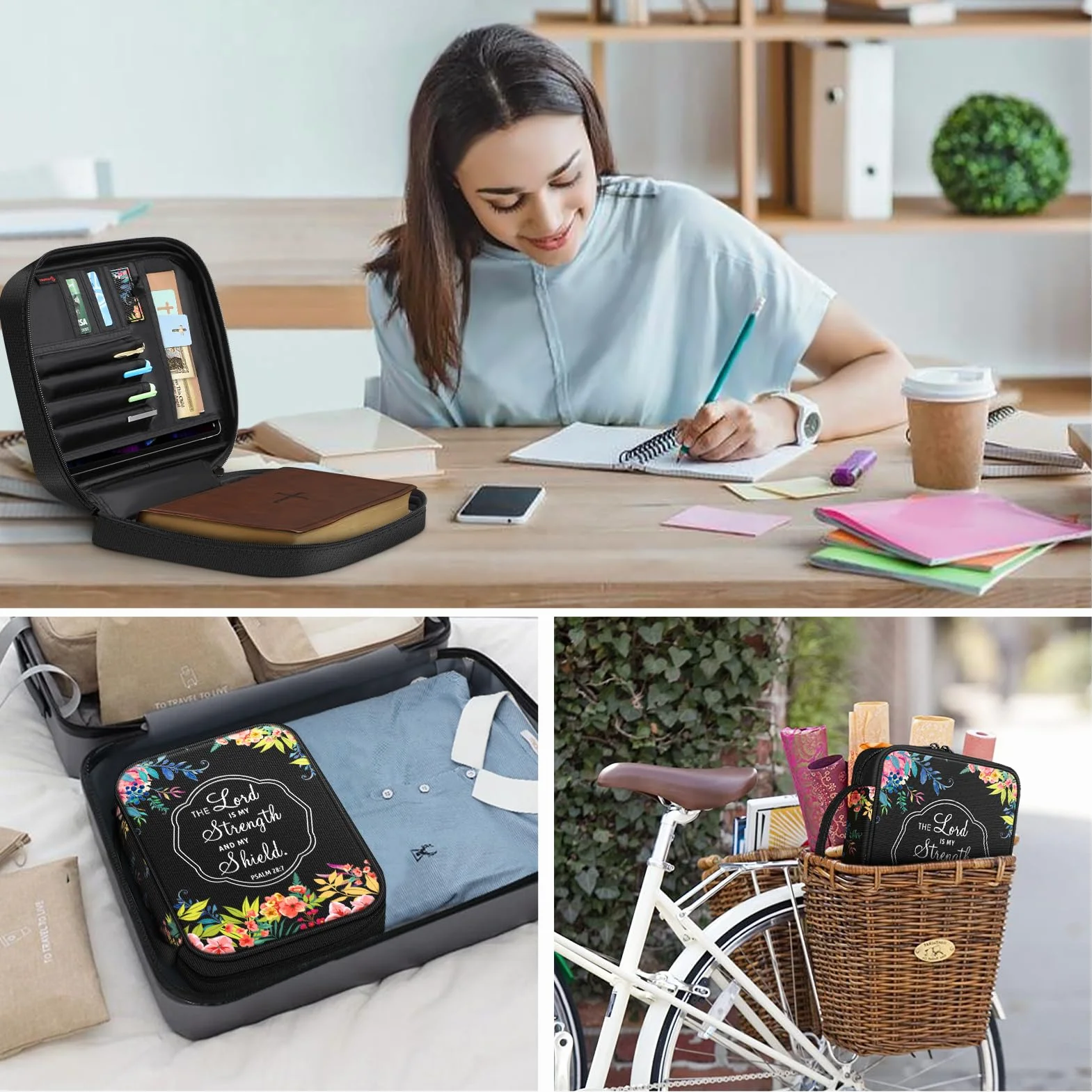 FINPAC Bible Cover, Carrying Book Case Church Bag Bible Protective with Handle and Zippered Pocket, Gift for Mother Lady Women Men, Floral Black