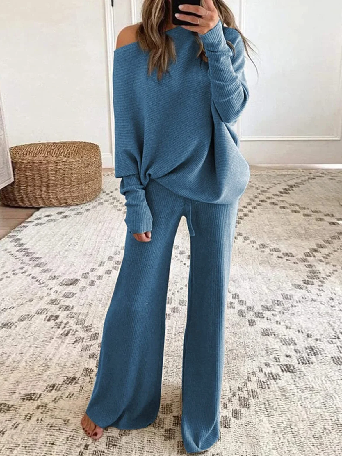 Dwuczęściowy Garnitur Z Dzianiny Damski Elegancki Dzianinowy Top Z Długimi Rękawami Sweter Z Dzianiny Z Szerokimi Nogawkami Spodnie Sweter Garnitur Strój Do Joggingu Komplet Garniturów Ulicznyc