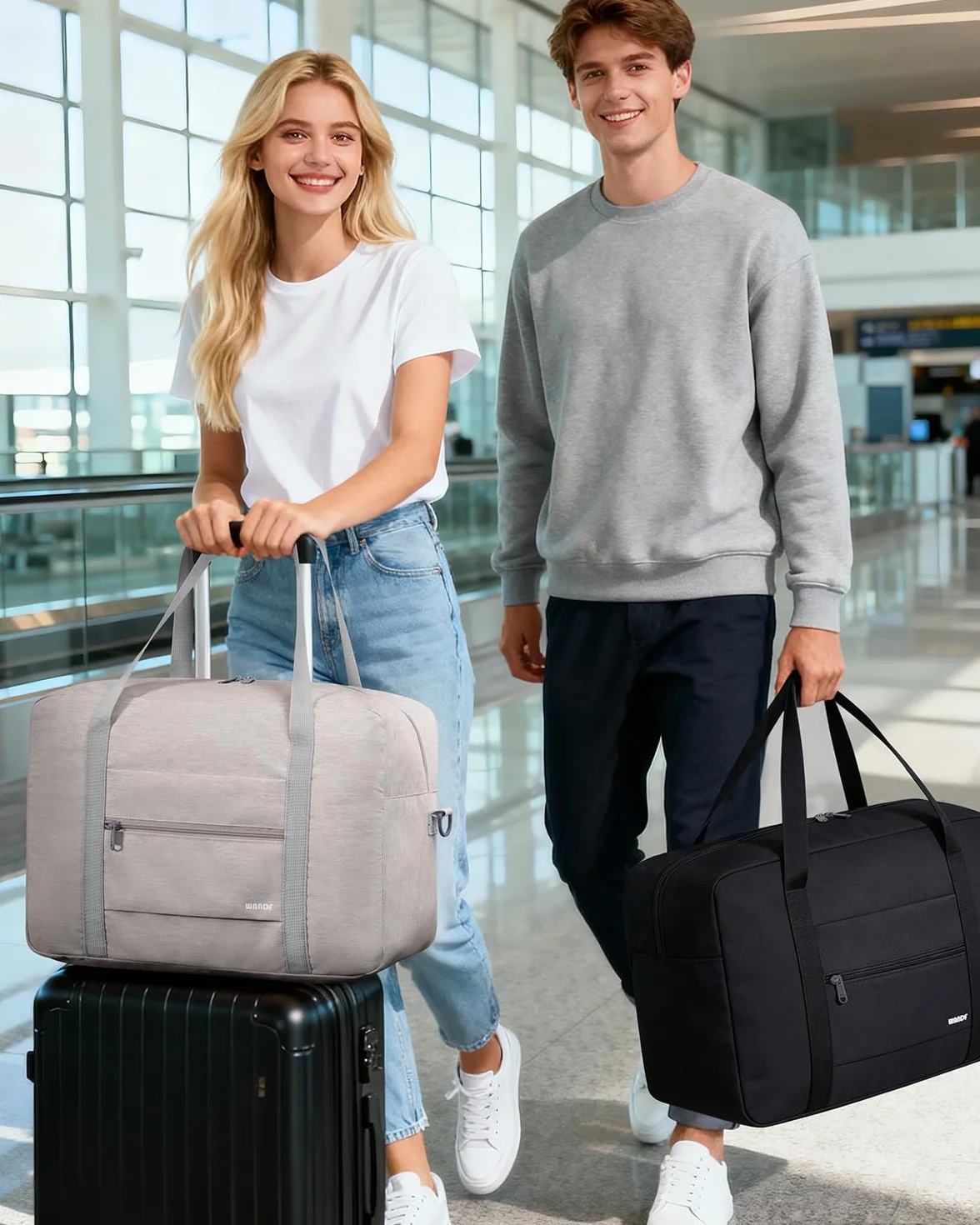 WANDF Bagaż Podręczny do Samolotu Składany Ryanair 40x20x25cm Torba Sportowa, Szpitalna, Weekendowa (Denim Beżowy 20l z Paskiem na Ramię)