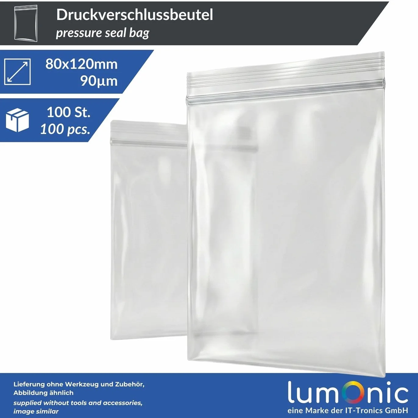 Lumonic Woreczek strunowy 80x120mm 90µm Przezroczysty odporny na rozdarcia z zamkiem blyskawicznym