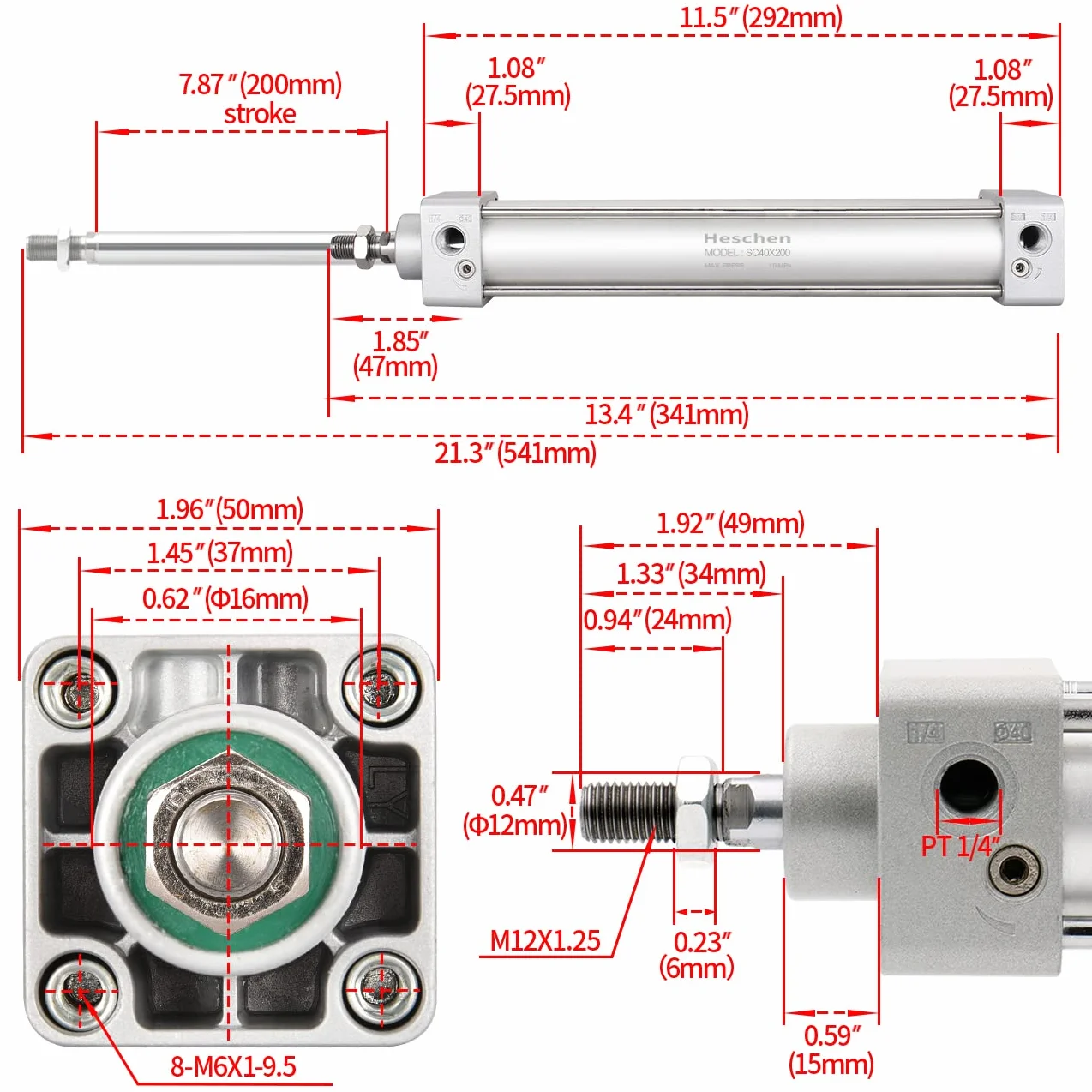 Heschen pneumatyczny standardowy cylinder SC 40-200 PT1/4 port 40 mm otwór 200 mm skokowy podwójne działanie