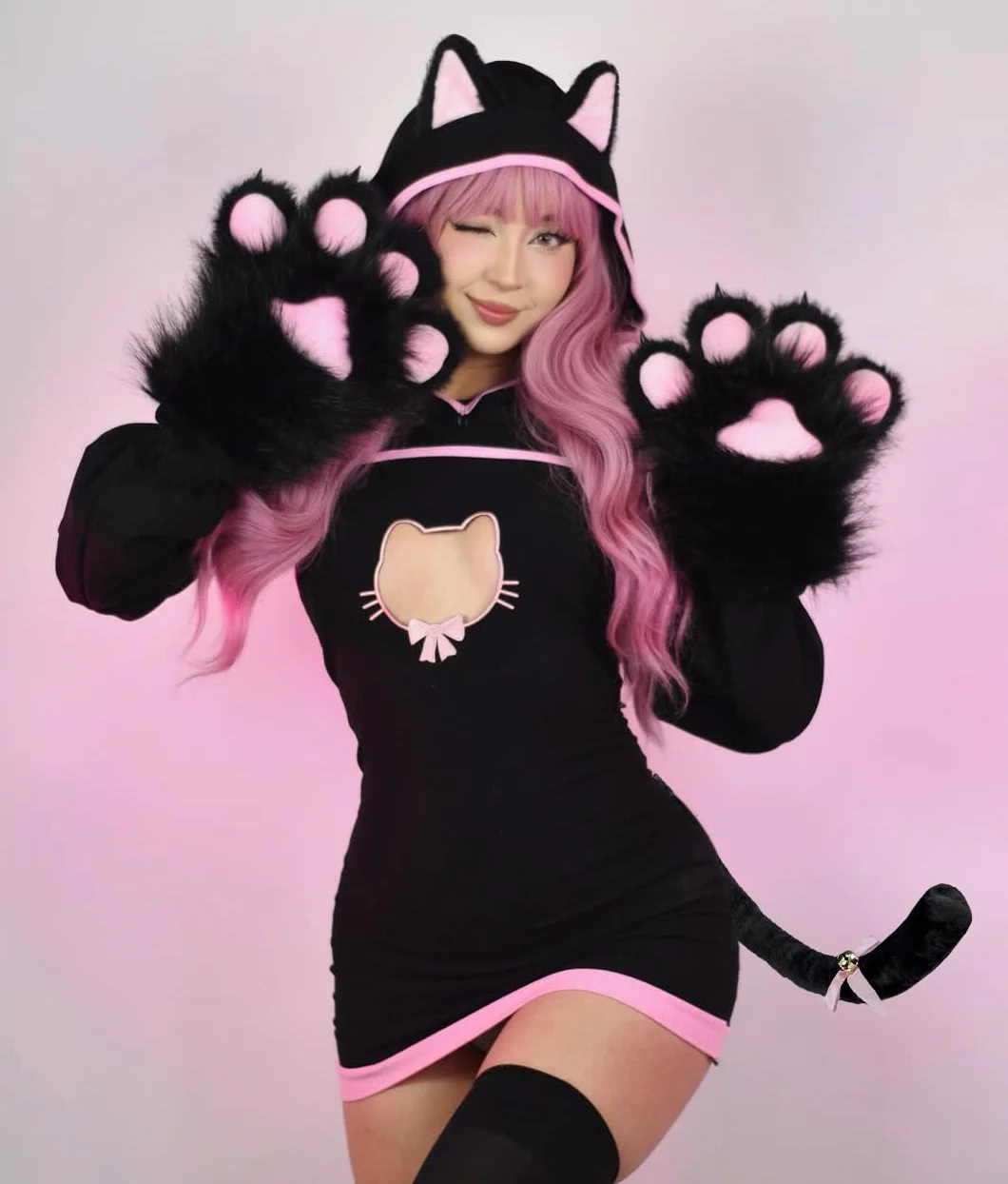 KORURACLUB Seksowny Kostium dla Kobiet z Kotami (Zestaw 4-Częściowy) Bielizna Damska Kostium Anime na Całe Ciało Halloween
