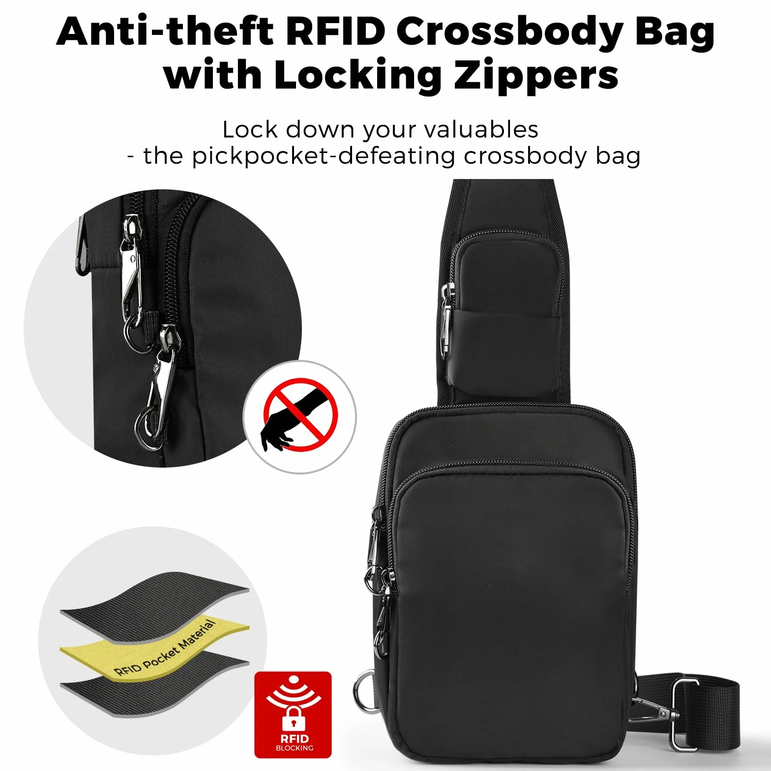 BROADREAM Antykradzieżowa torba na ramię Sling Crossbody Bag z blokadą RFID