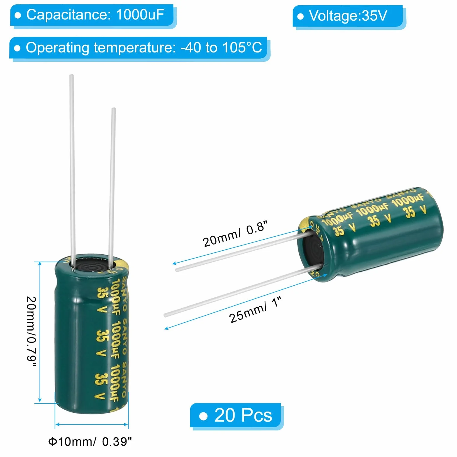 PATIKIL 35V 1000uF Kondensatory elektrolityczne, 20 sztuk 10 x 20 mm wysokiej częstotliwości aluminiowe kondensatory elektrolityczne do telewizora, monitora LCD, lodówki, obwodów drukowanych, zielony