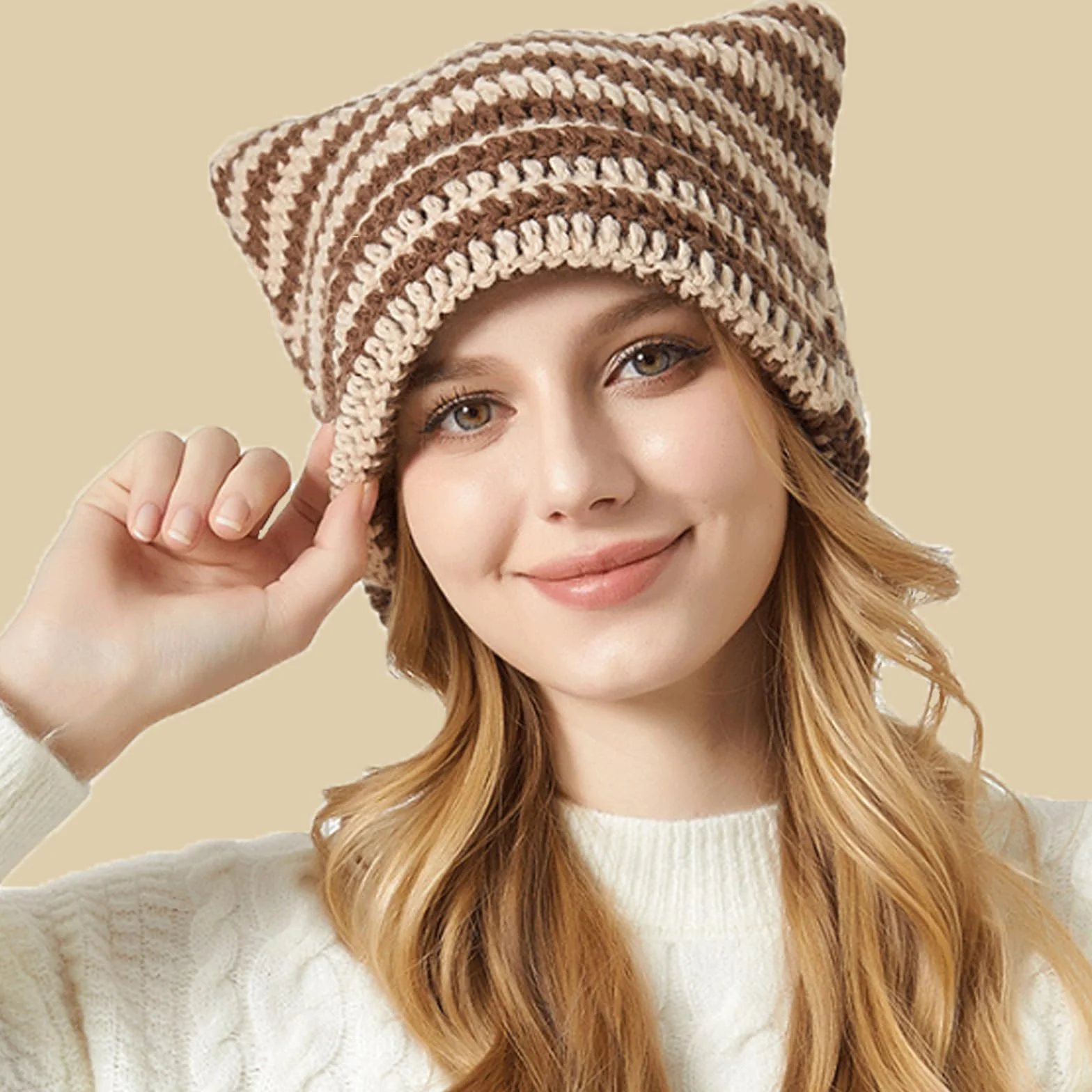 JAWAI Czapka z uszami kota Y2k Cat Beanie dzianina beżowy curry 56-58 cm