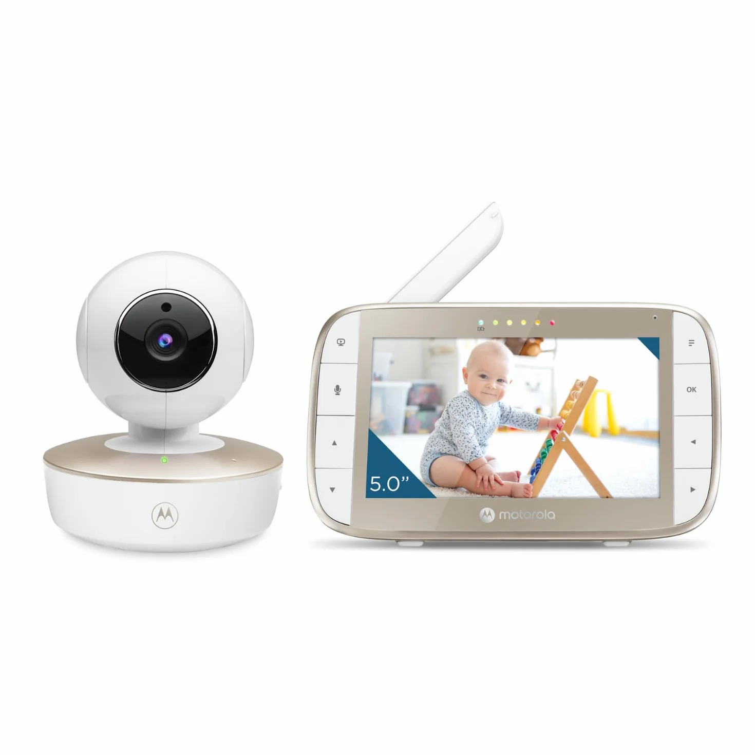 Motorola Nursery VM50G dla niemowląt z kamerą, 5-calowym kolorowym ekranem, funkcją widzenia w nocy, zoomem cyfrowym, dwukierunkową rozmową, czujnikiem temperatury