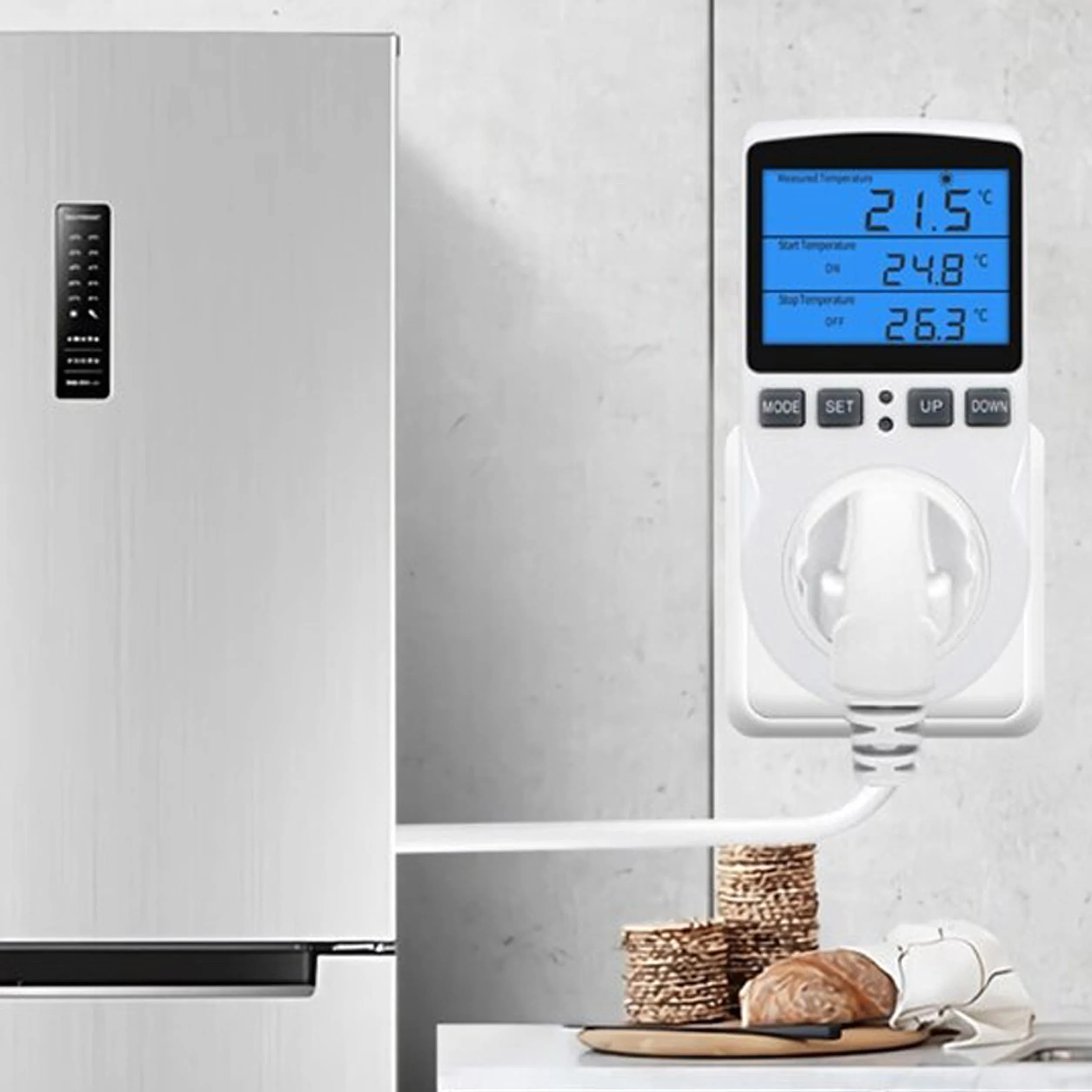 Retoo Termostat do gniazdka z czujnikiem temperatury, cyfrowy regulator temperatury 250 V z czujnikiem, gniazdko elektryczne, ogrzewanie, chłodzenie, przełącznik temperatury z sondą, ekran LCD do