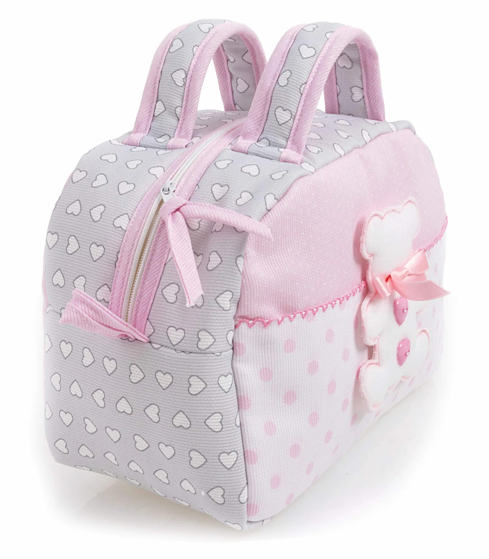 FILET - Beauty Case z uchwytami i zamkiem błyskawicznym, z haftem w kształcie misia, wykonany z bawełny wyściełanej, idealny do pielęgnacji, 100% Made in Italy, szary i różowy