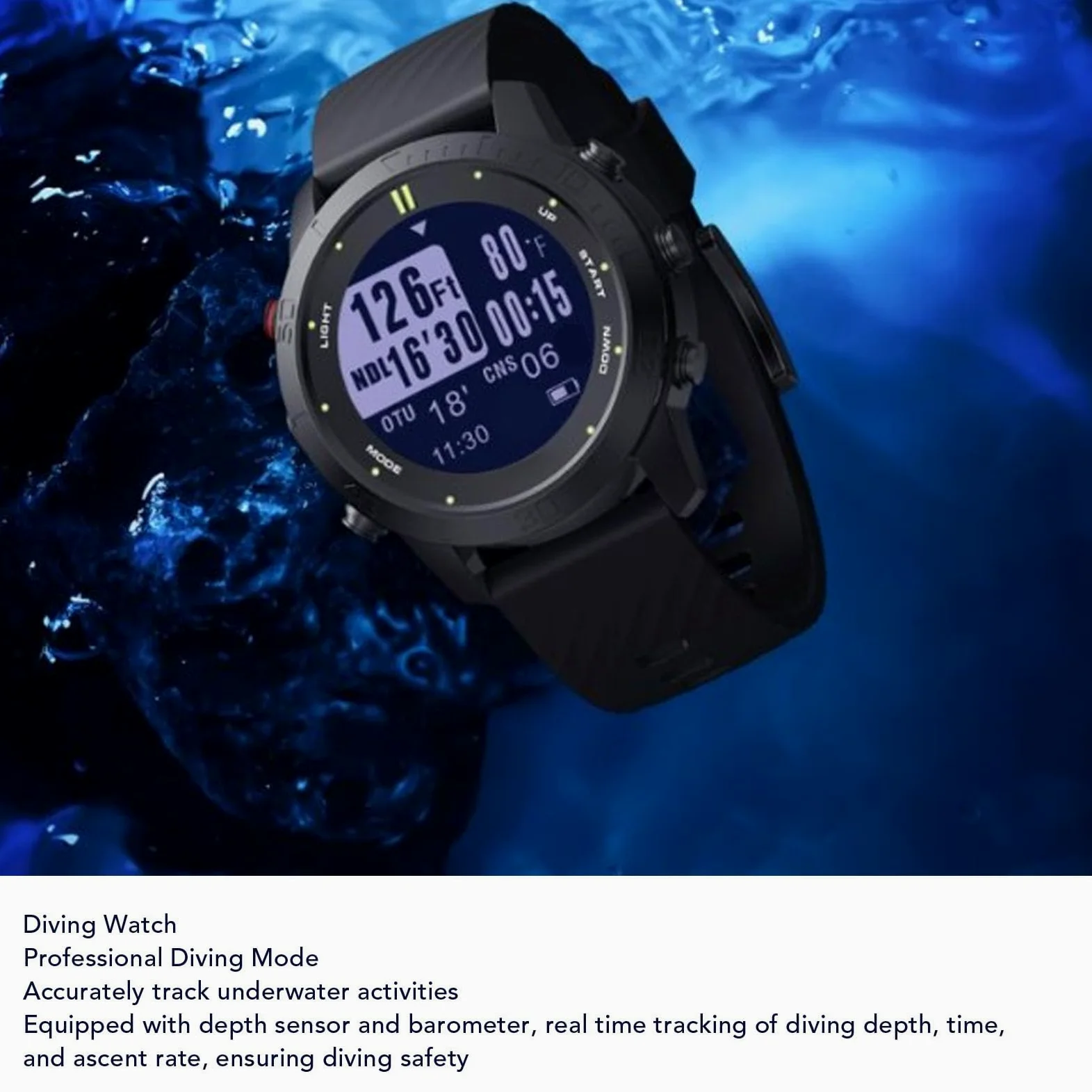 Luqeeg Smart Nurving Computer Watch, Wielofunkcyjny Dowód na wodę 100 Metrów Nurka na rękę z Czujnikiem Głębokości Barometru do Pływania Rurka rurką rurową Kroki Rejestrujące Kroki