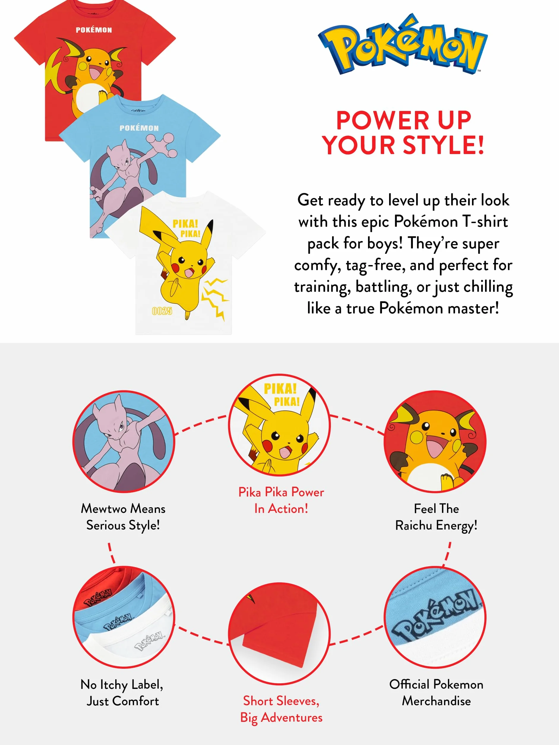 Pokémon Zestaw 3 T-Shirtów, T-shirty Dla Chłopców, Koszulka Pikachu Chłopca, Ubrania Dzieci