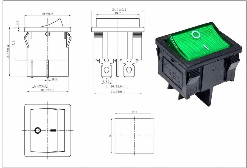 Przełącznik kołyskowy zielony przełącznik kołyskowy 4 pin 6A 250 VAC przełącznik urządzenia, wymiary ramy ok. 21 x 24 mm, podświetlany