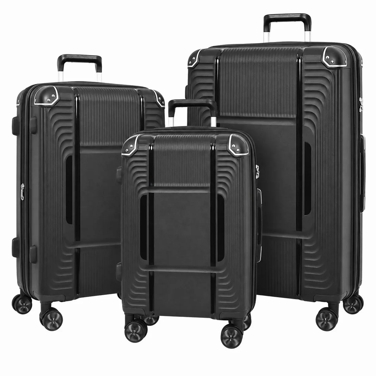 A1 FASHION GOODS Trwała twarda skorupa PP 4-kołowy bagaż rozszerzalny z zamkiem błyskawicznym walizki torby podróżne sklepienie, Czarny, Full Set of 3 Sizes (S+M+L), Walizka