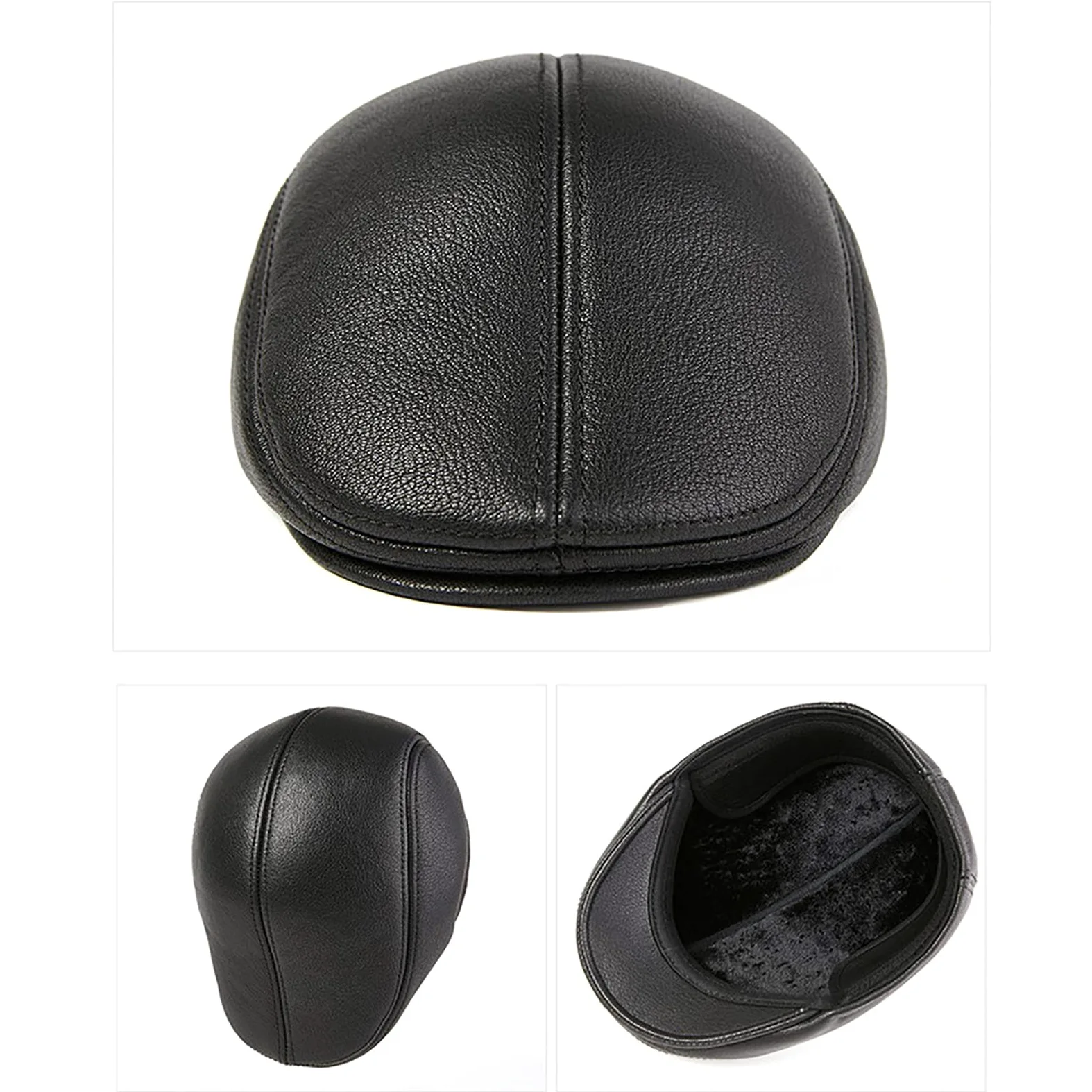 Czapki zimowe, męska skórzana czapka beret vintage czapka golfowa czapka płaska czapka gazeciarza jesień zima(Black-55-56cm)