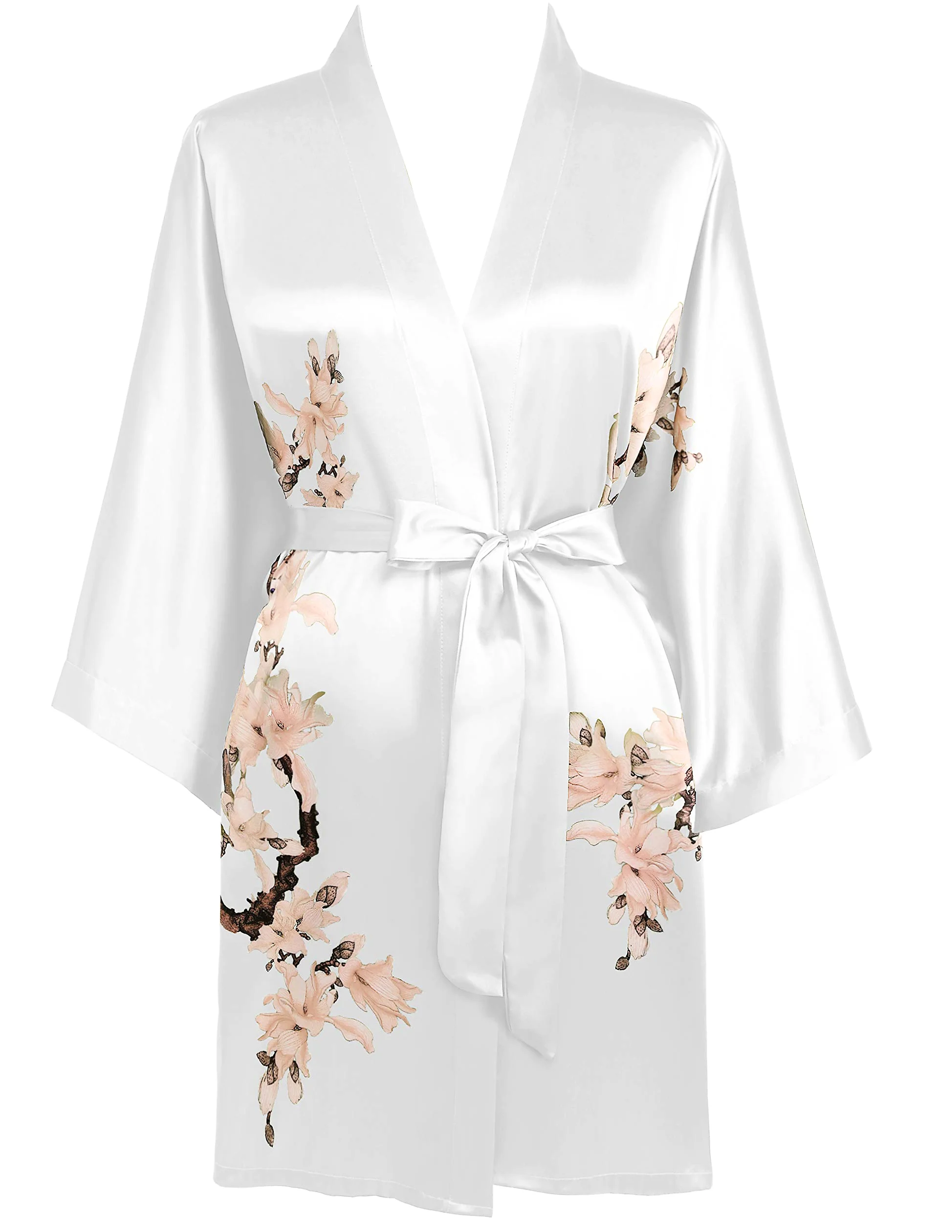 BABEYOND Satynowy szlafrok kimono, krótki kwiatowy nadruk, kimono, długa sukienka do kolan, kimono, okrycie dla kobiet, na wesele, piżama na imprezę, biały, rozmiar uniwersalny
