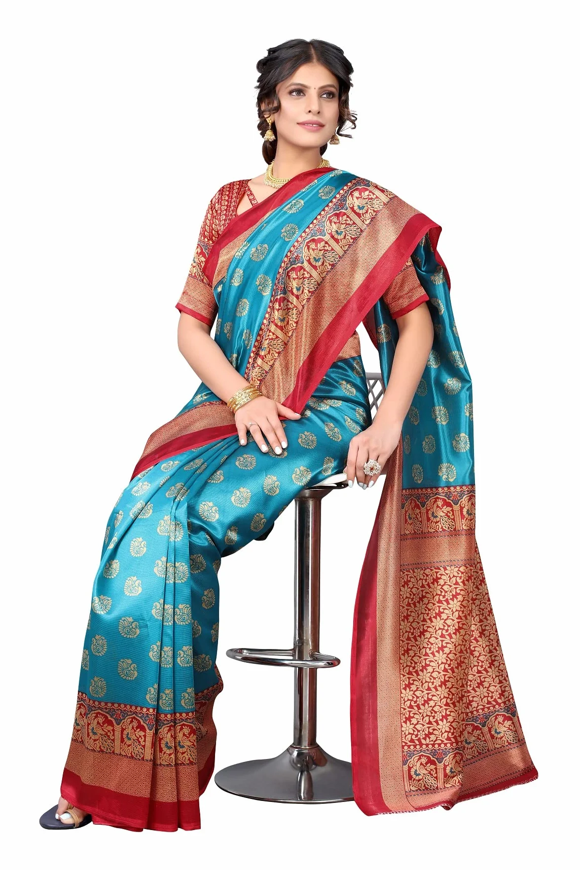 Kanjivaram Sari Bordowe Indyjskie Banarasi Żakardowe z Nieszytą Bluzką